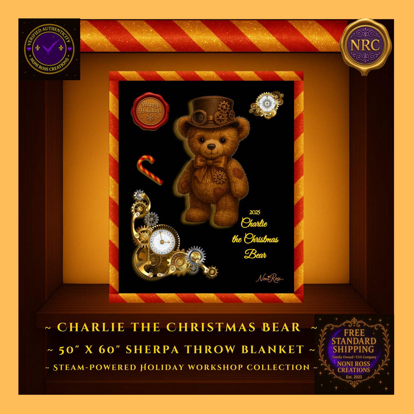 Close-up of Charlie the Christmas Bear artwork showing steampunk teddy details, gears, brass accents, and candy cane on black sherpa blanket
