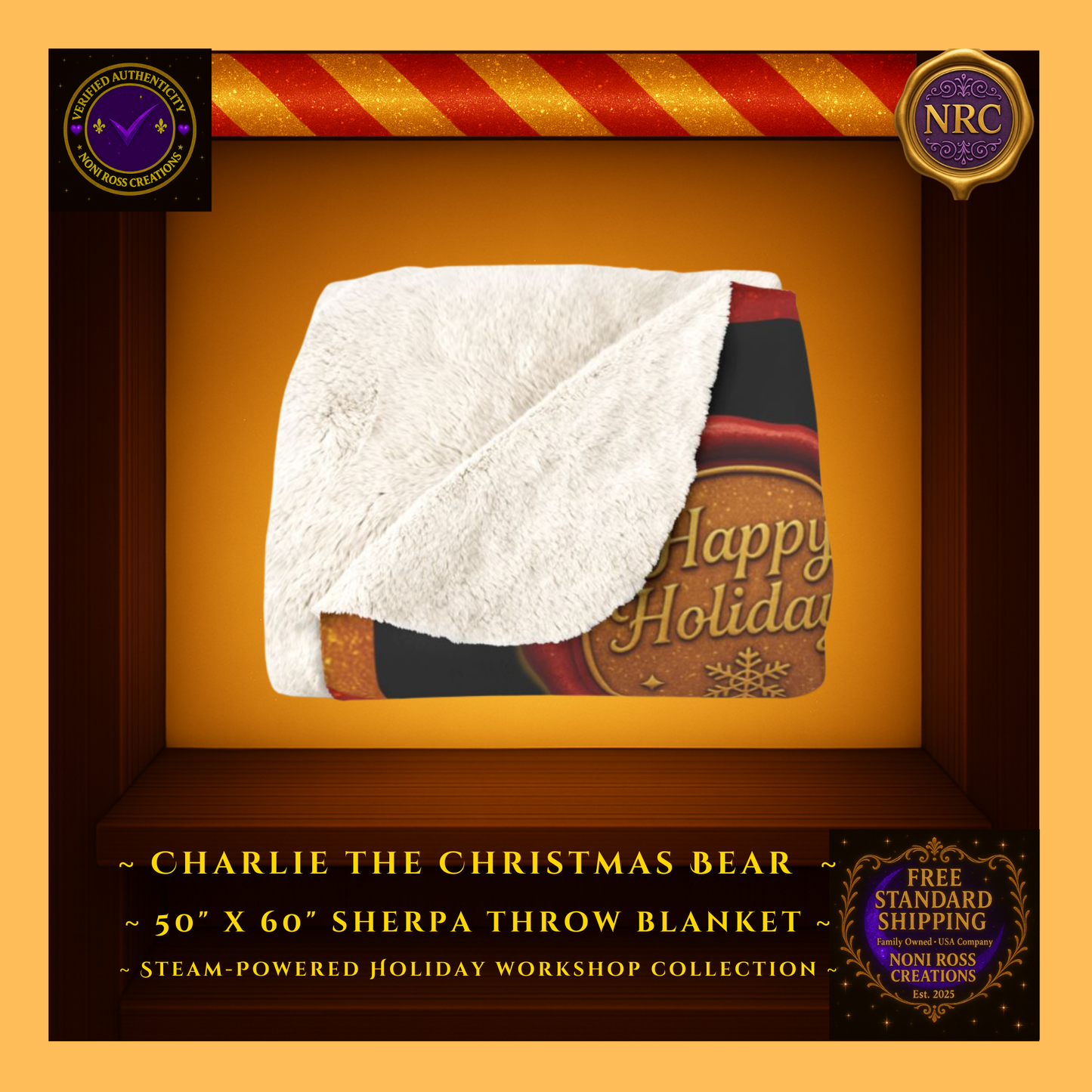 Charlie the Christmas Bear sherpa blanket folded to show the soft white sherpa backing and detailed holiday artwork in a gold cubby frame