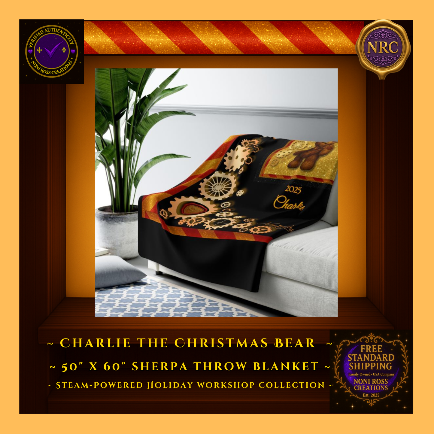 Charlie the Christmas Bear steampunk sherpa blanket displayed on a living room couch inside gold cubby frame as warm holiday home décor