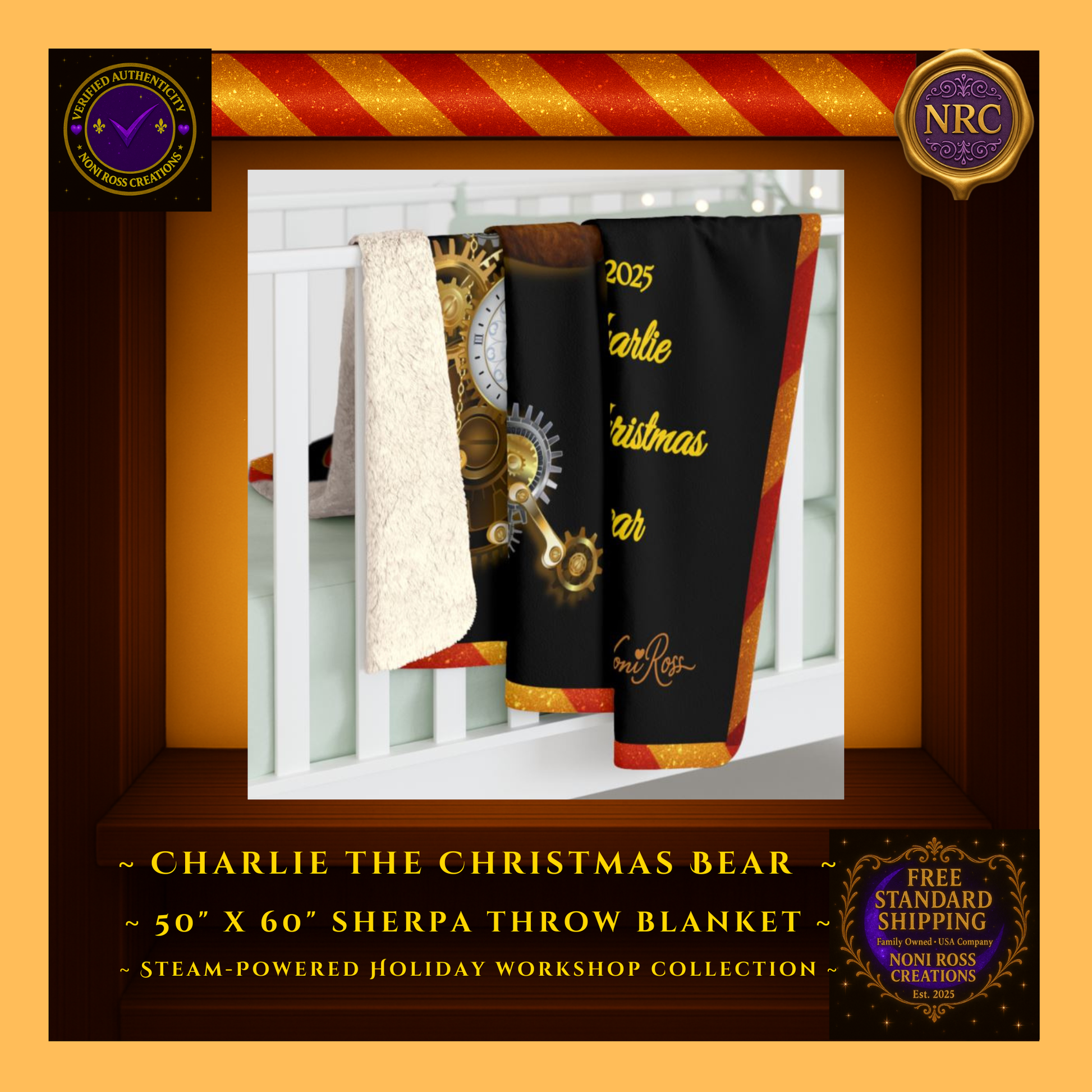 Charlie the Christmas Bear sherpa throw blanket draped over crib rail in gold cubby background, styled as cozy Christmas nursery décor