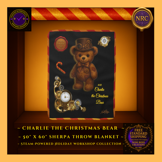 Charlie the Christmas Bear sherpa throw blanket displayed in a gold cubby frame with black background, steampunk gears, and NRC holiday branding