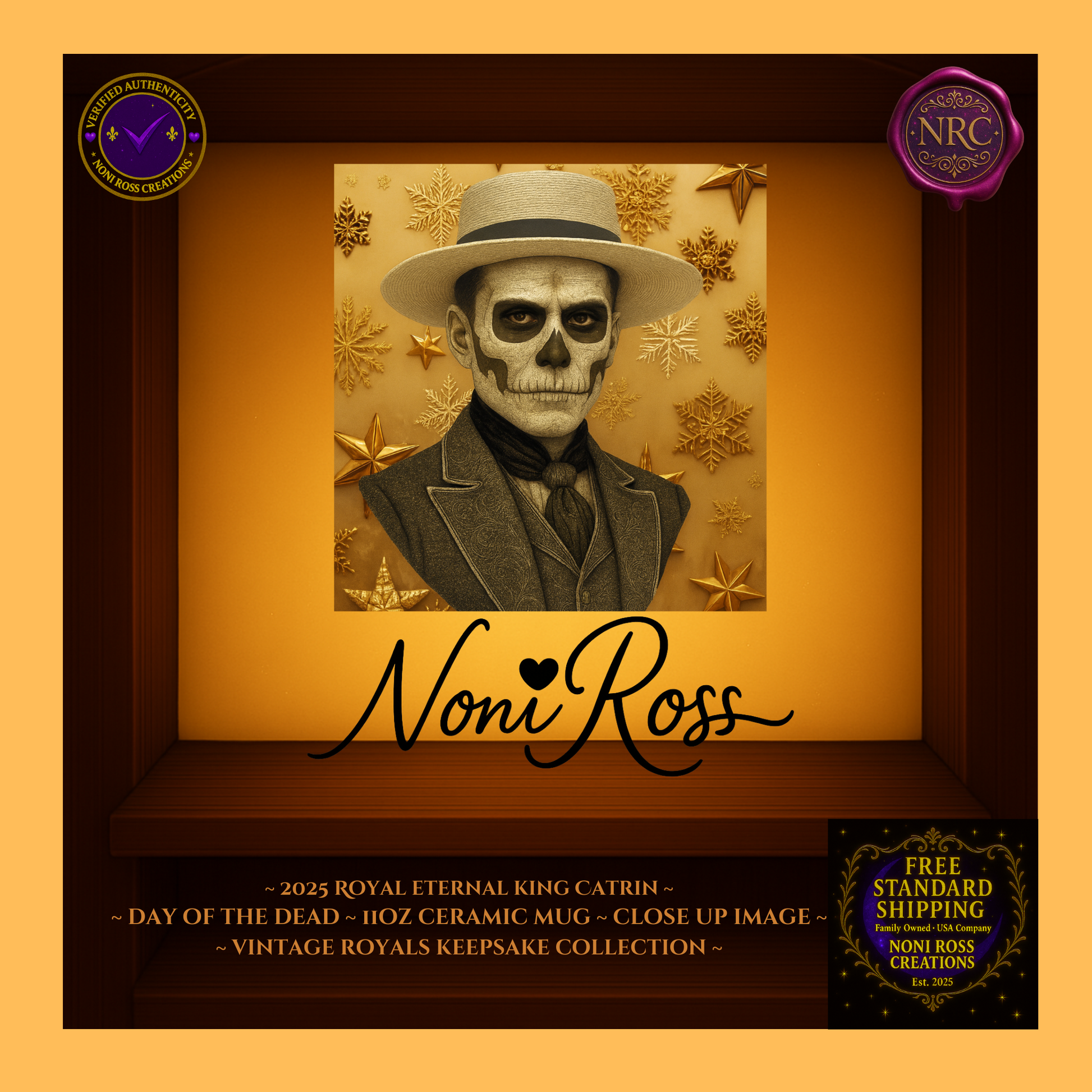 Close-up of 2025 Eternal King Catrin with gold-toned background and classic suit — vintage royal portrait art