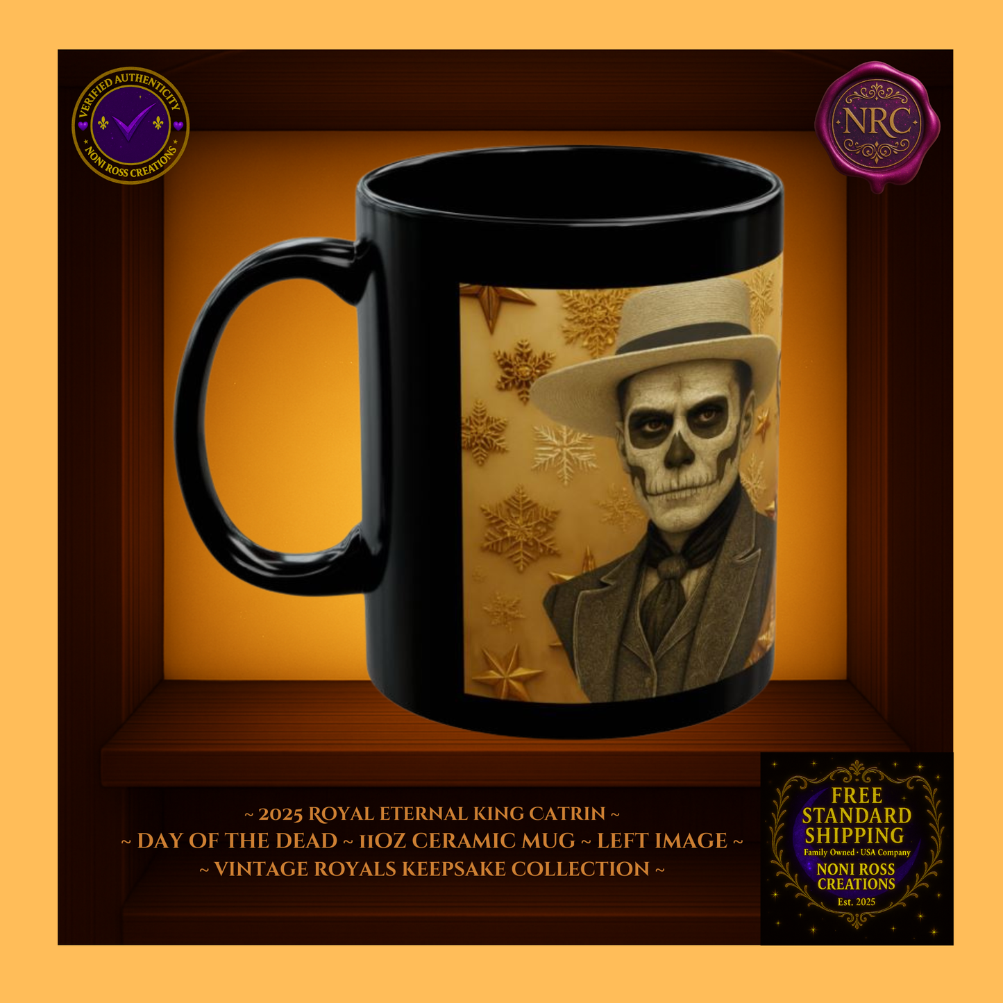 Left side — 2025 Eternal King Catrin Mug showing golden highlights and warm antique tones, 11 oz ceramic mug