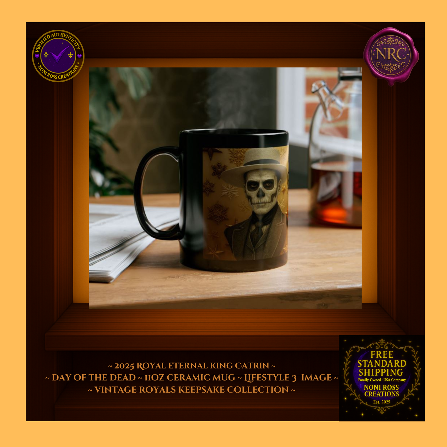 Collector display — 2025 Eternal King & Queen Mugs in golden glow | 💜 NoniRossCreations.com