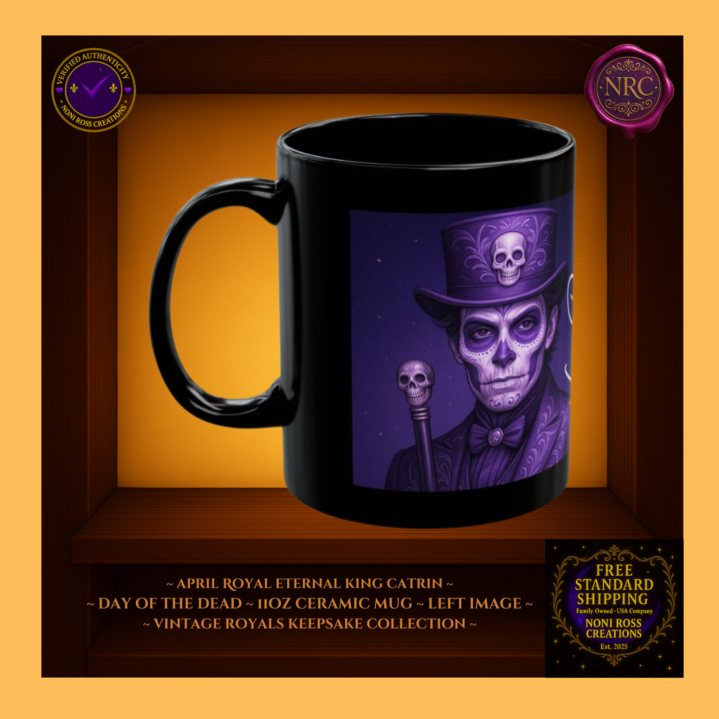 Left side—April Eternal King Catrin Mug showing silver details and lace trim, 11 oz ceramic mug