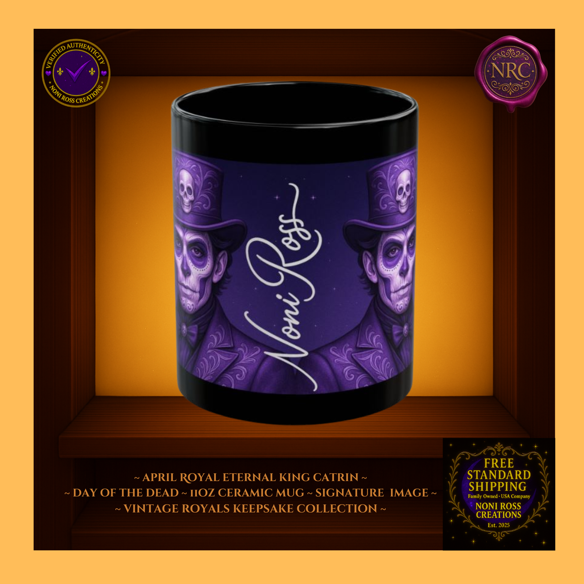 Signature spine—💙 Noni Ross Creations logo with Vintage Royals filigree on sky-blue background