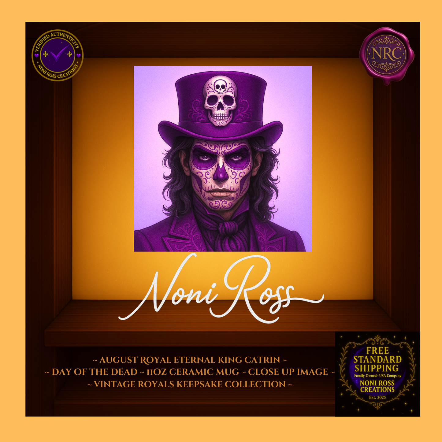 Close-up of August King Catrin face with jeweled crown and gold-violet highlights — vintage royal portrait