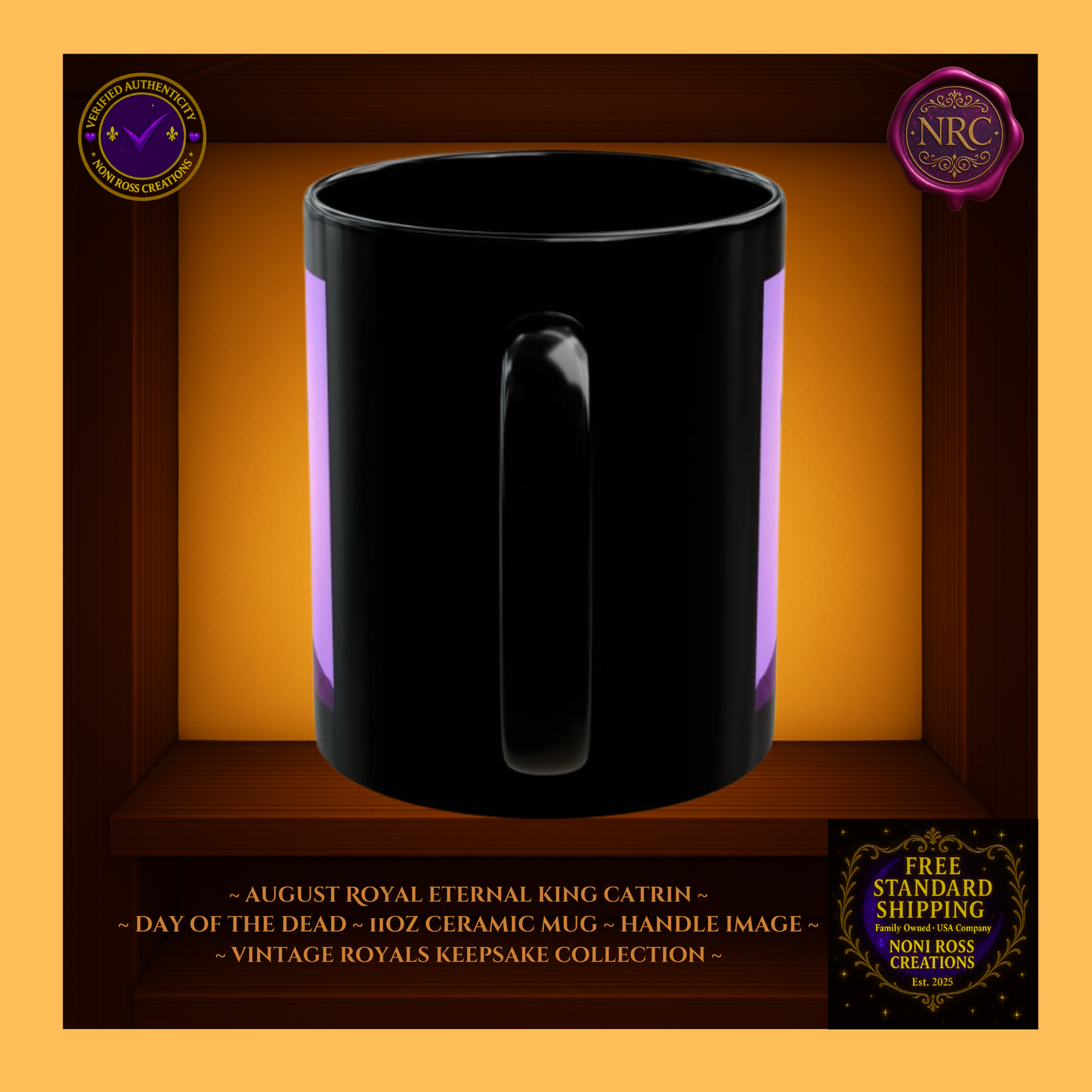 Handle detail — porcelain white interior with violet and gold edge design, 11 oz ceramic mug