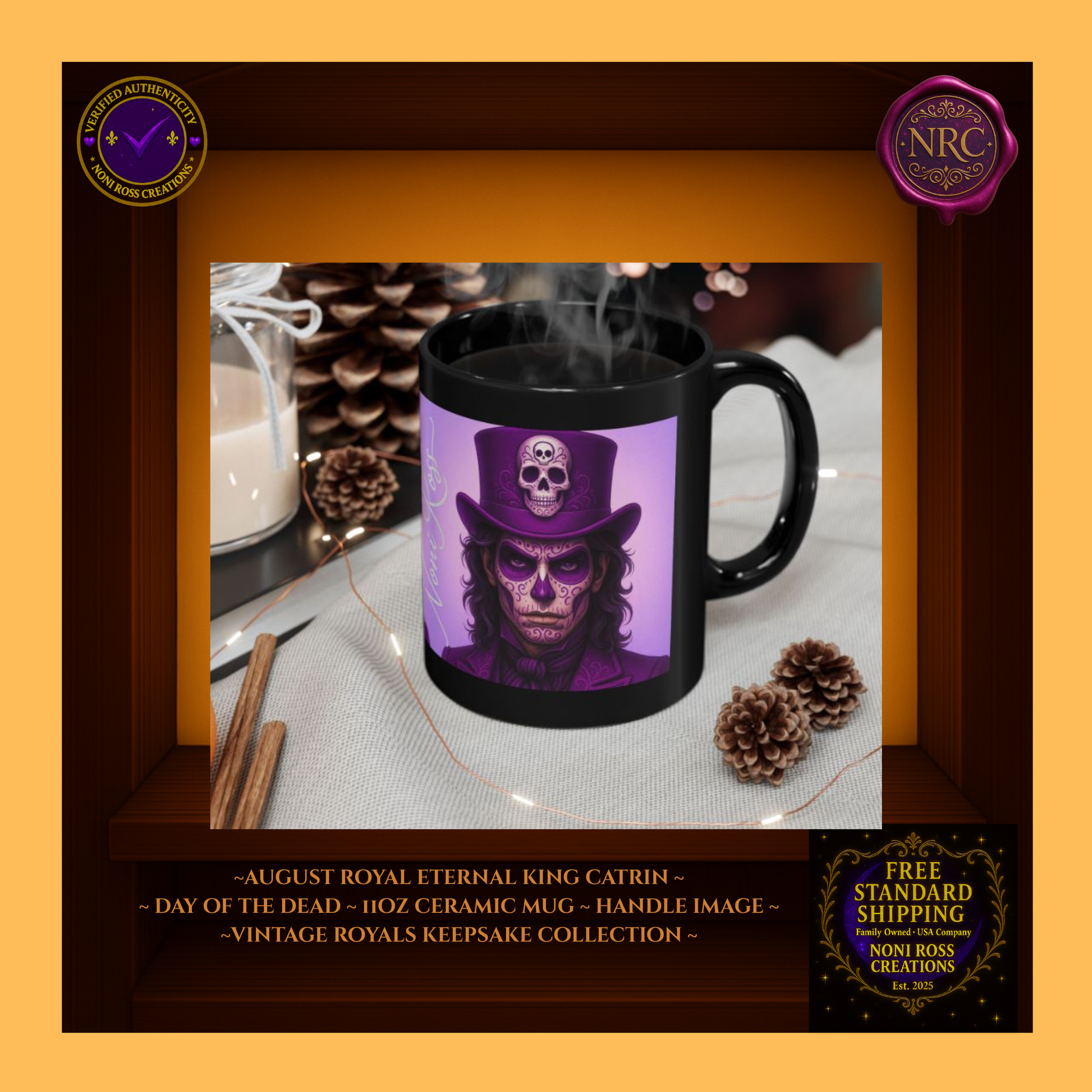 August King Catrin Mug beside book and rose — royal summer ritual | 💜 Noni Ross Creations