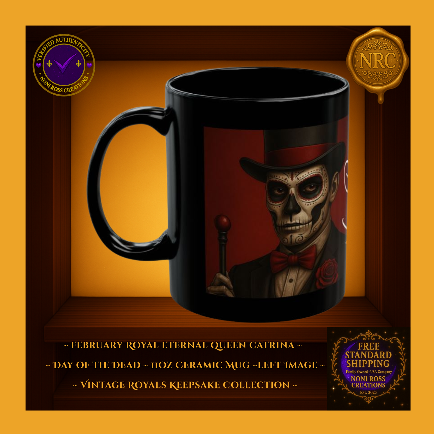Left side of February Catrin Mug highlighting rich crimson background and top hat details | Noni Ross Creations