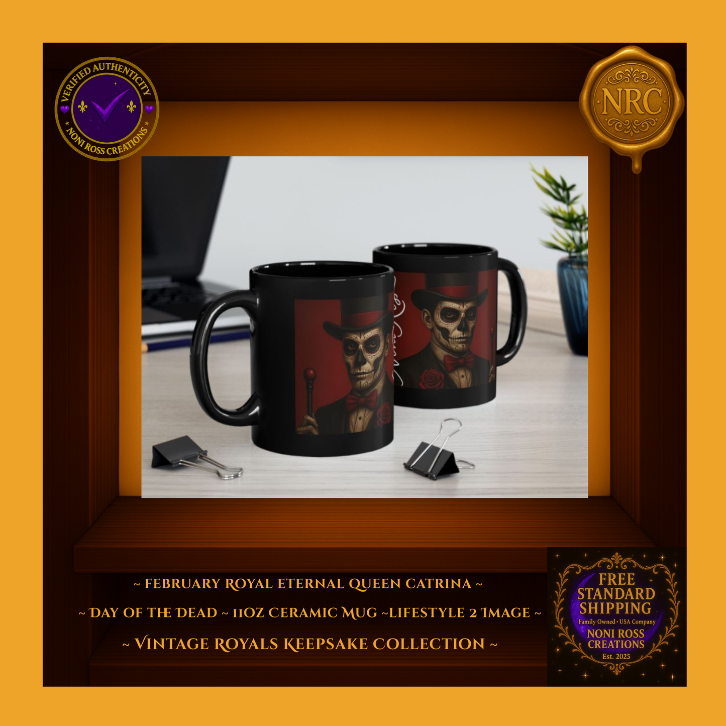 February Catrin Mug on wooden table with dim red lighting—elegant gothic Valentine theme | Noni Ross Creations