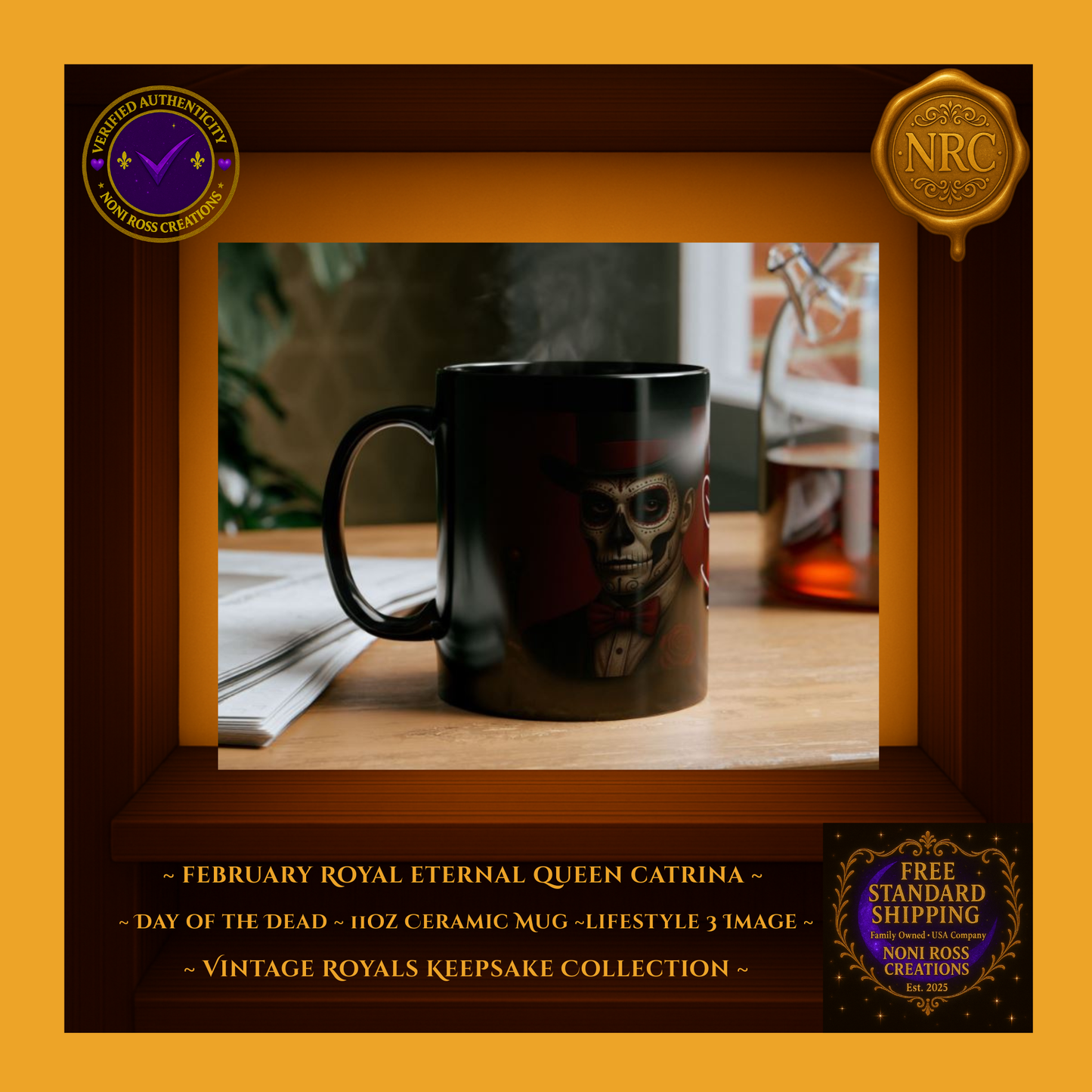 February Catrin Mug displayed with February Catrina Mug as matching royal couple set | Noni Ross Creations