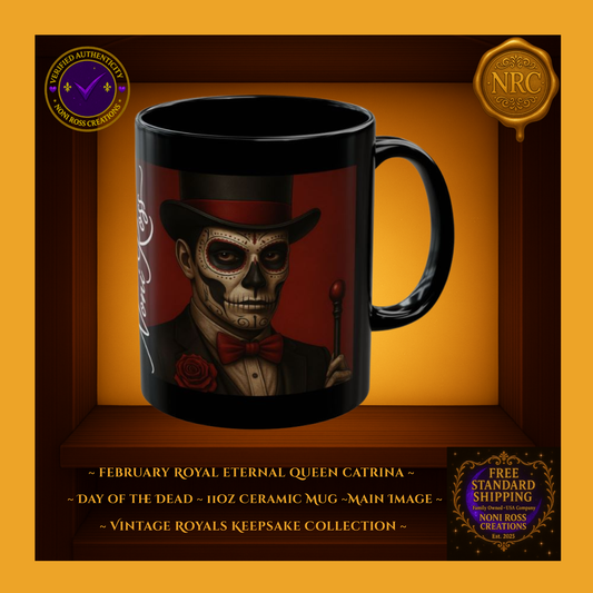 February Catrin Mug 11oz featuring gothic sugar-skull gentleman with red bow tie and dark suit on crimson background | Noni Ross Creations