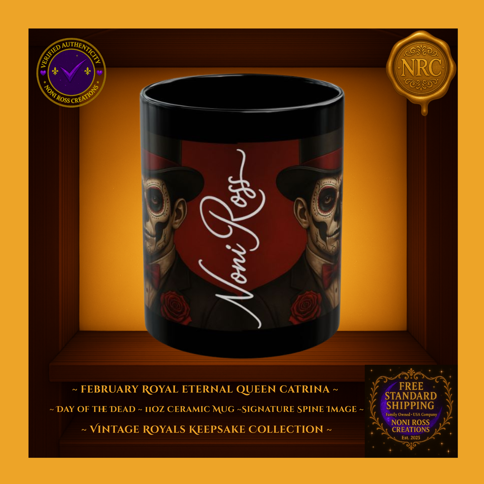 Side profile of February Catrin Mug featuring vertical Noni Ross artist signature along the artwork spine | Vintage Royals Keepsake Collection