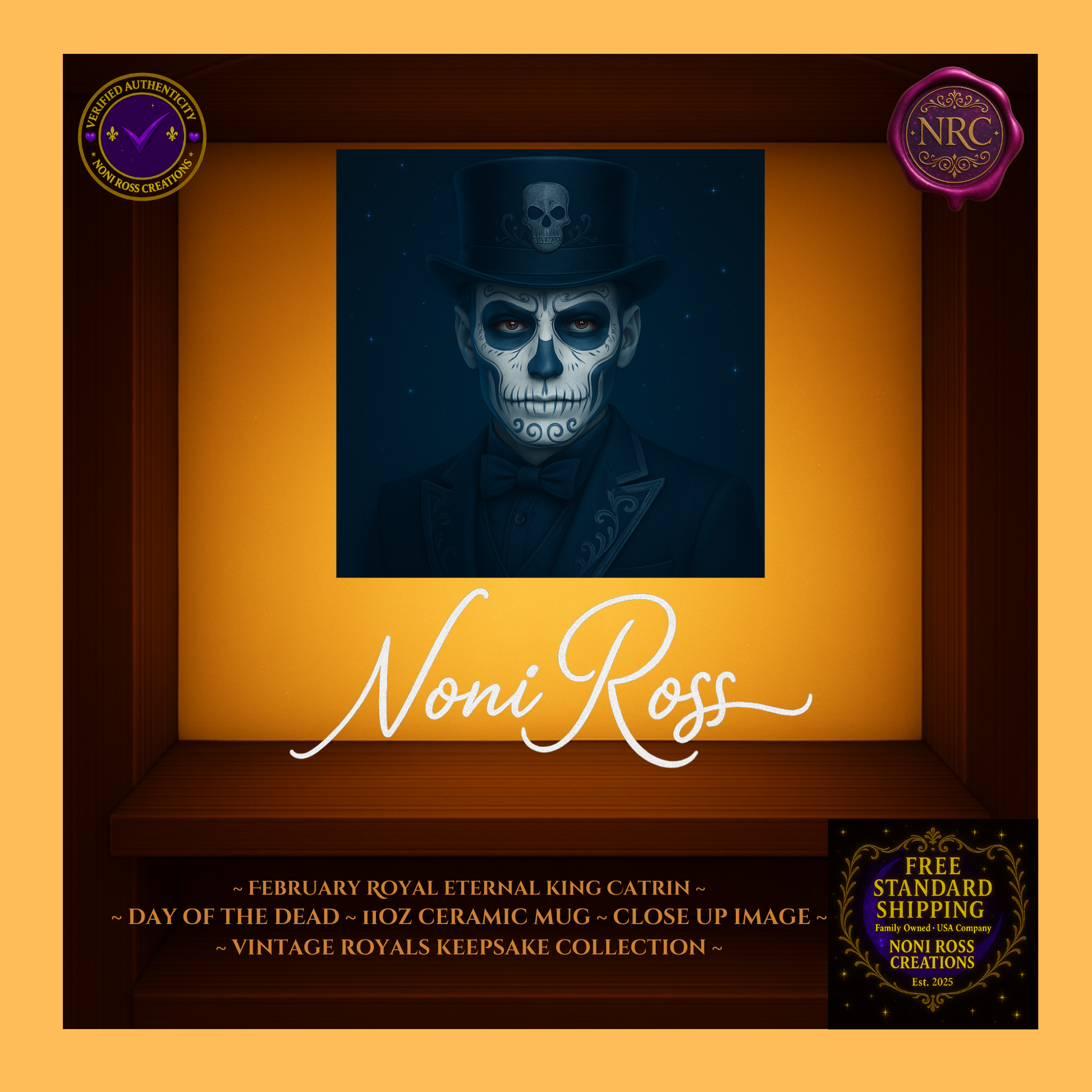 Close-up of Eternal King Catrin face, jeweled crown and silver trim with candlelight gold highlights, vintage gothic detail