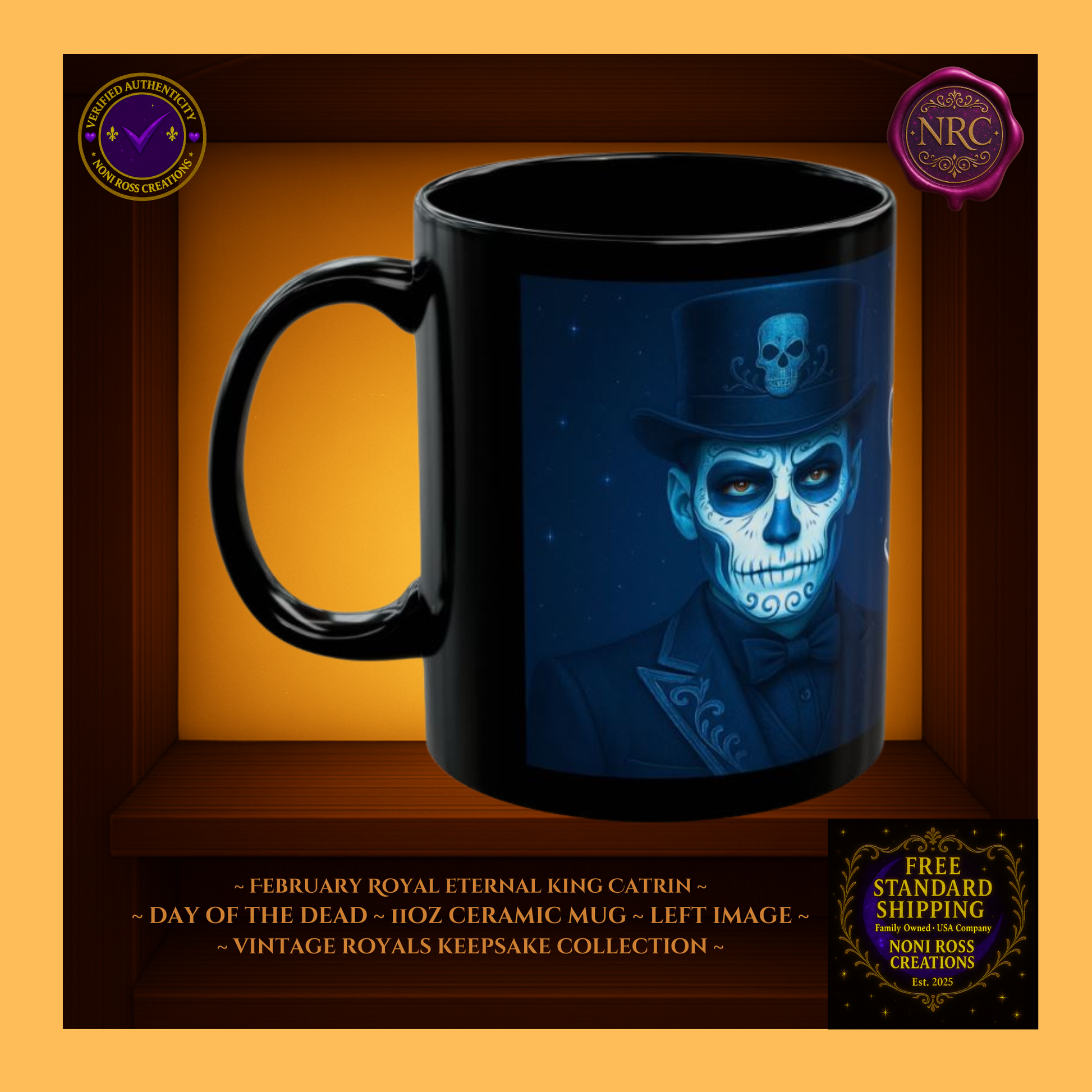 Left side of January Eternal King Catrin Mug showing crown, lapel jewels, and ornate silver detailing, 11oz ceramic