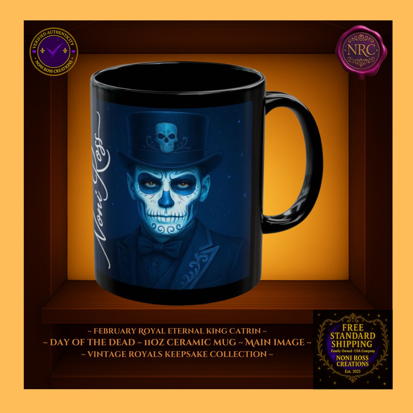 vintage royals keepsake, january mug, eternal king catrin, day of the dead mug, royal blue mug, gothic coffee cup, catrin art mug, 11oz ceramic mug, elegant gothic decor, skull king design, noni ross creations, collector mug, bundle and save