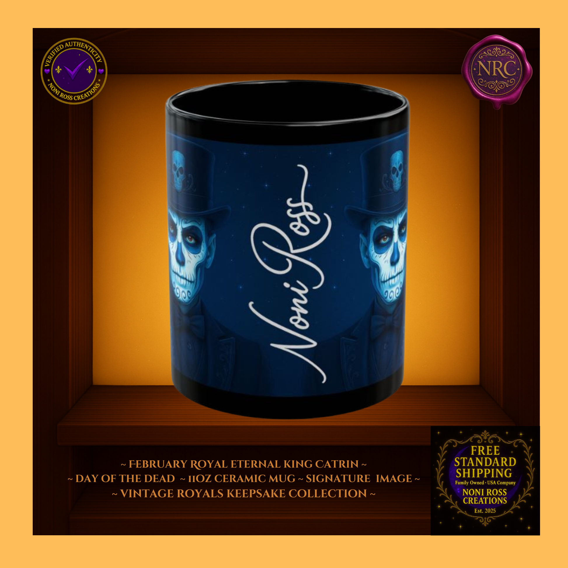 Signature spine view—Noni Ross Creations mark with Vintage Royals filigree accents on sapphire and velvet charcoal backdrop