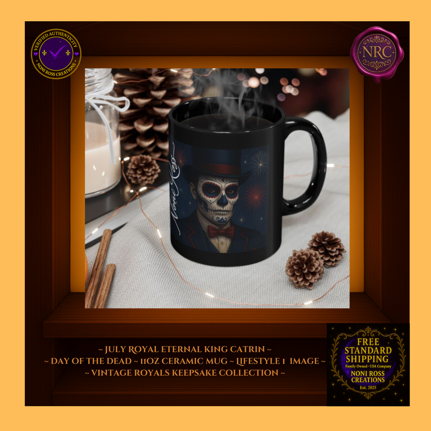 July King Catrin Mug beside roses and candle—elegant summer ritual | 💜 Noni Ross Creations