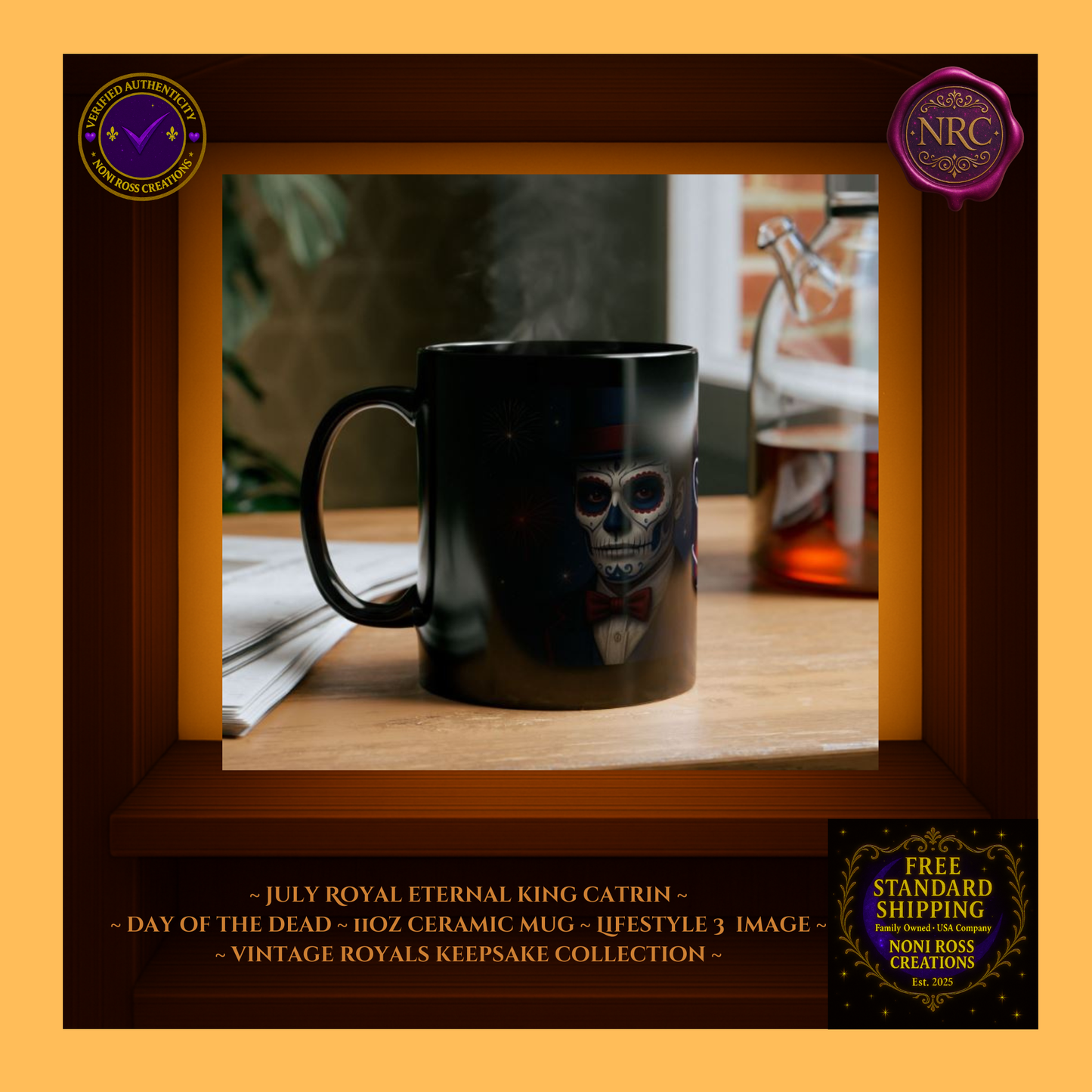 Collector display—July King Catrin & Queen Catrina Mugs together | 💜 NoniRossCreations.com