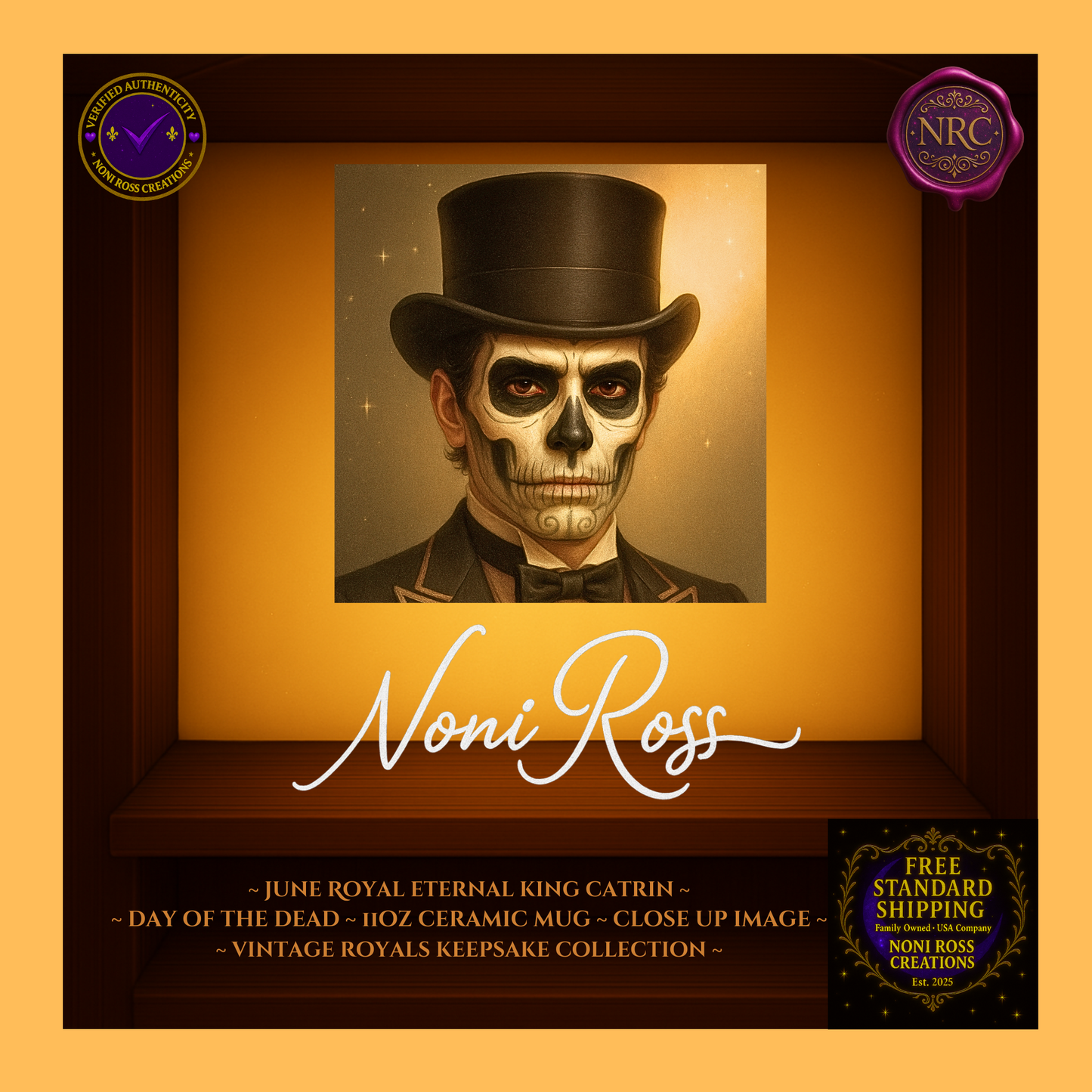 Close-up of June King Catrin face with jeweled crown and silver-gold highlights—vintage royal art