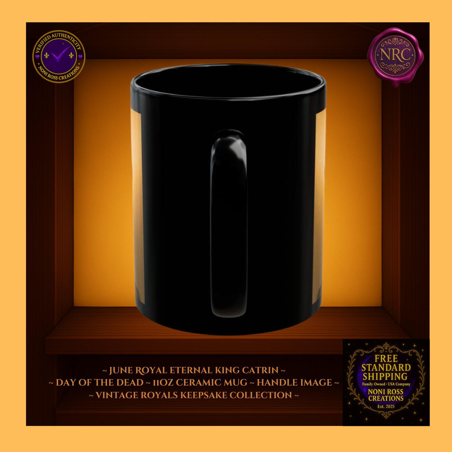 Handle detail—porcelain white interior with silver and gold artwork edging, 11 oz ceramic mug