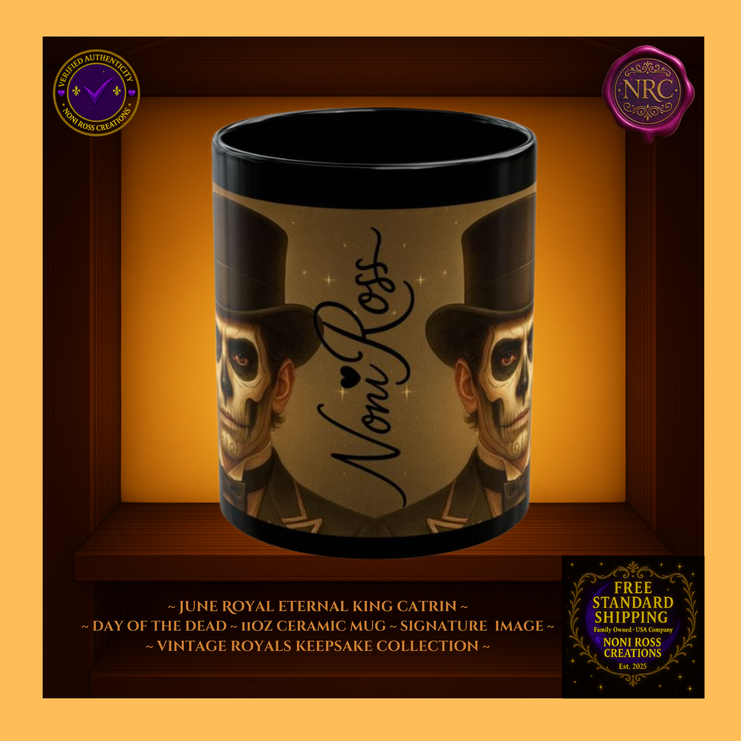 Signature spine—💜 Noni Ross Creations logo with Vintage Royals filigree on metallic silver background