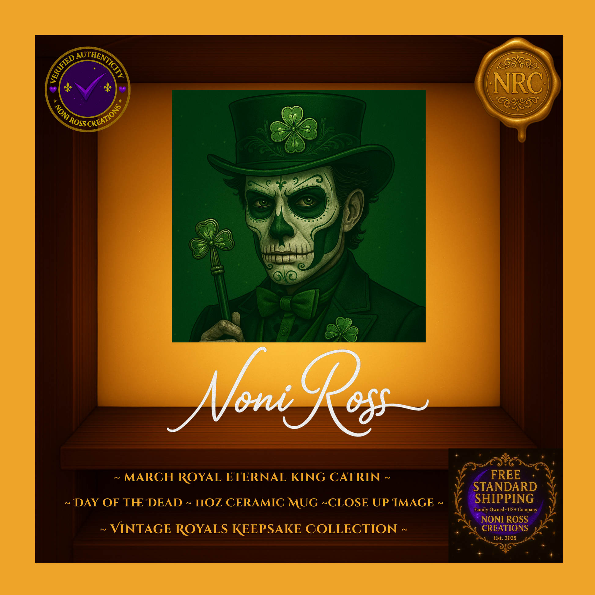 Close-up of March Catrin showing detailed green sugar-skull makeup, bow tie, and shamrock cane | Noni Ross Creations