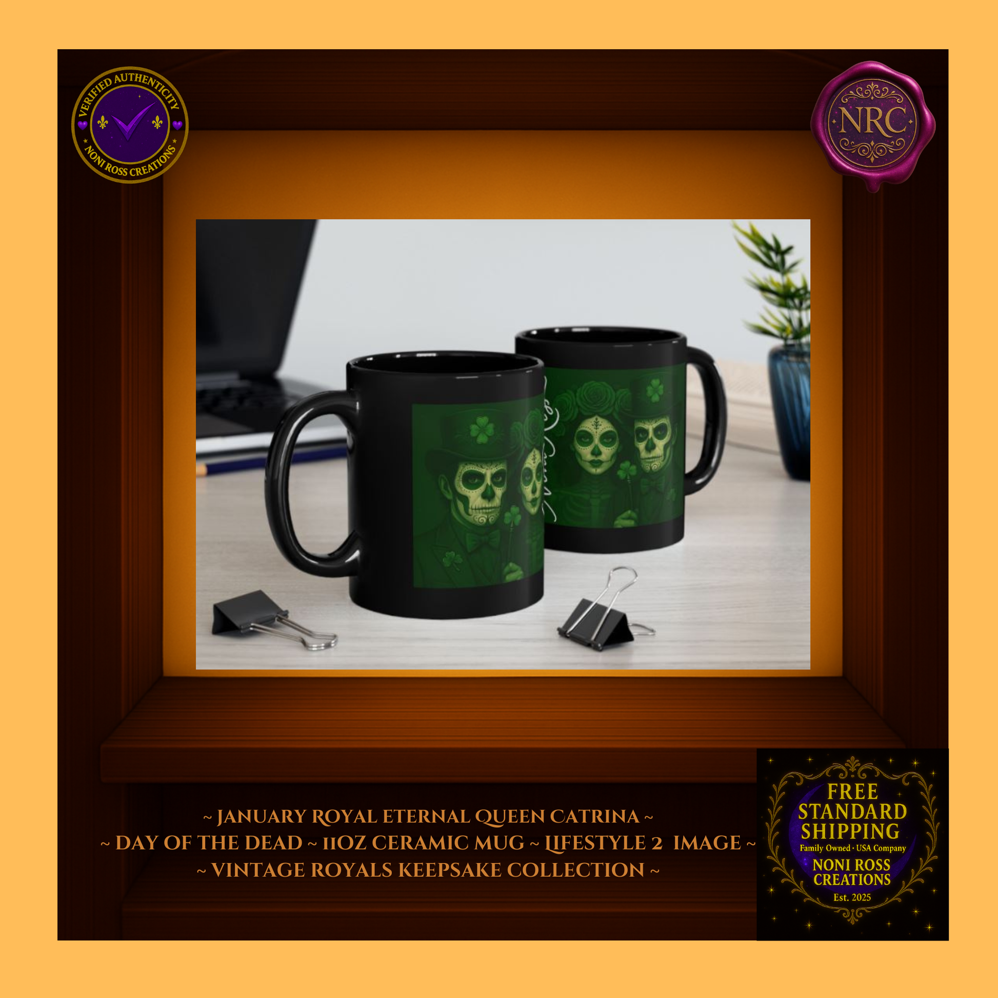 Cozy display—Eternal King & Queen Mugs beside book and pastry, emerald and gold color theme