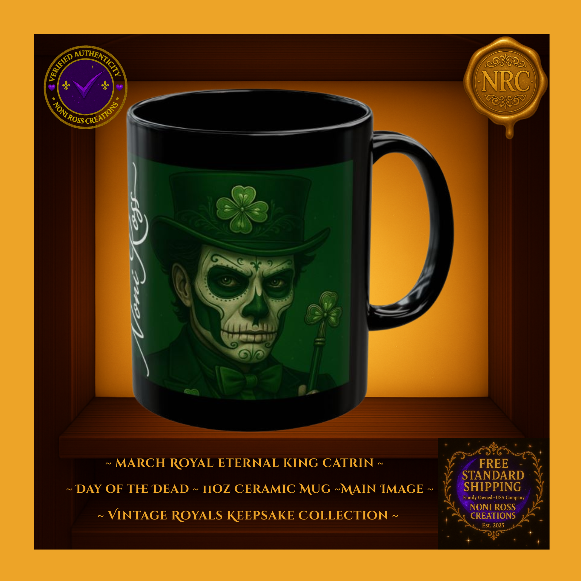 March Catrin Mug 11oz featuring sugar-skull gentleman in emerald suit and top hat with four-leaf clover design | Noni Ross Creations