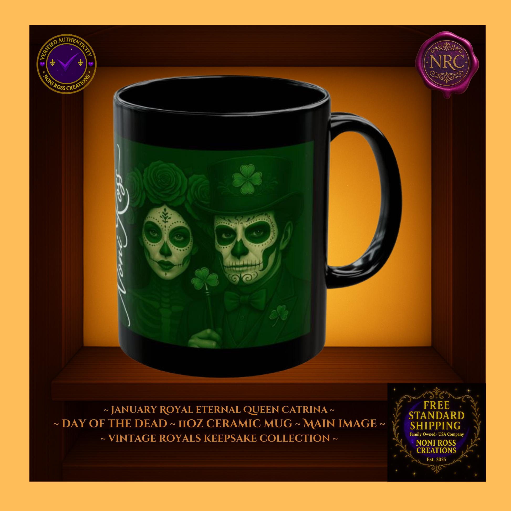 March Eternal King & Queen Catrin & Catrina Mug Set 11 oz in emerald and antique gold | 💜 Noni Ross Creations