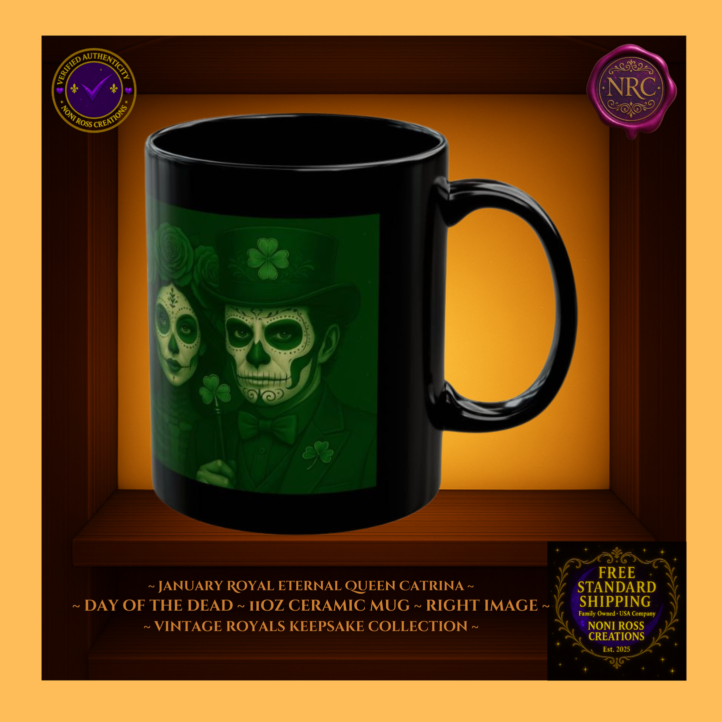 Right side—March King & Queen Catrin & Catrina Mugs with golden highlights and velvet charcoal backdrop