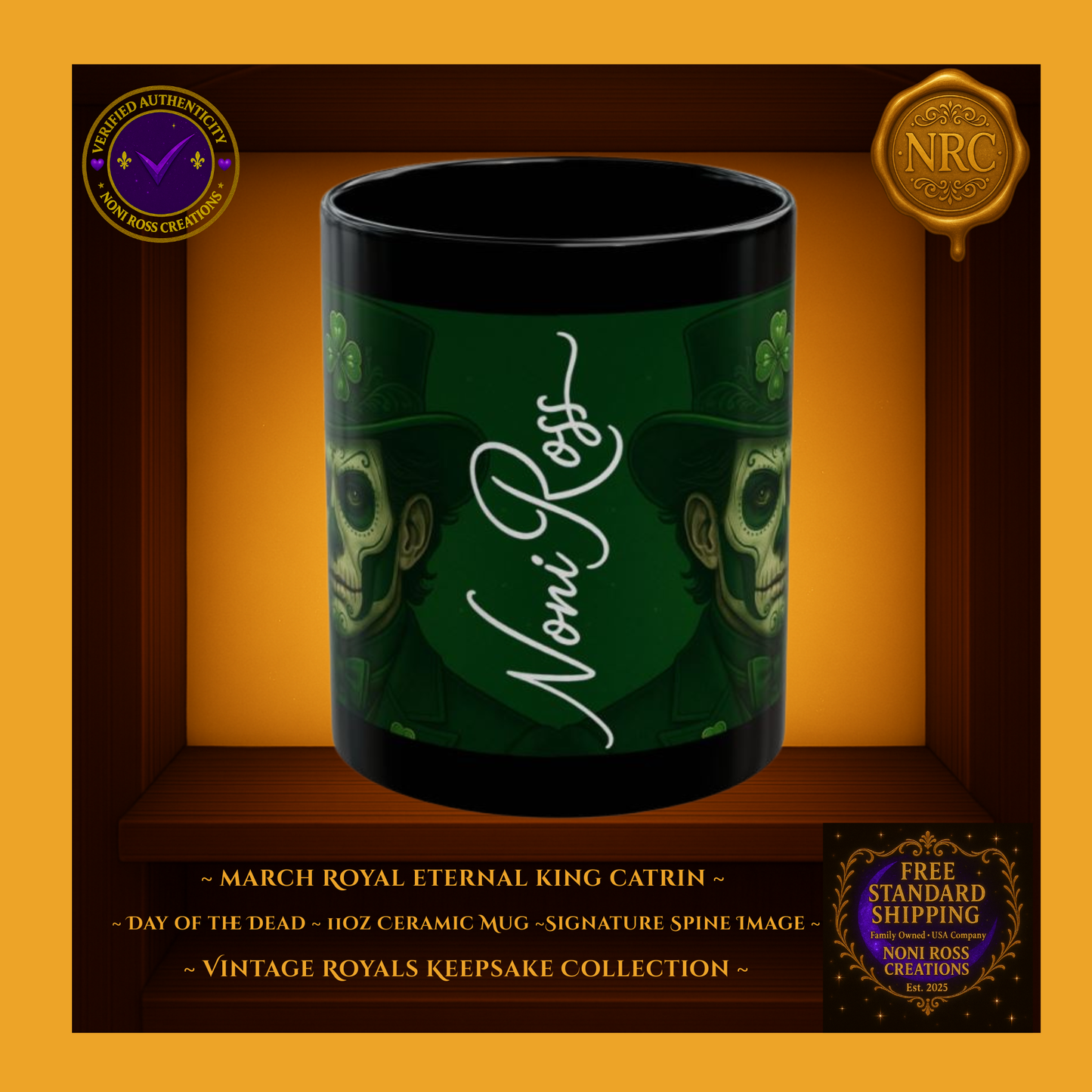 Side profile of March Catrin Mug featuring Noni Ross artist signature along artwork spine | Vintage Royals Keepsake Collection