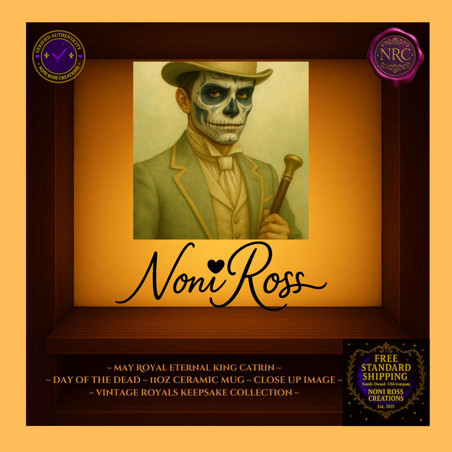 Close-up of May King Catrin face with jeweled crown and gold accents—vintage royal portrait design