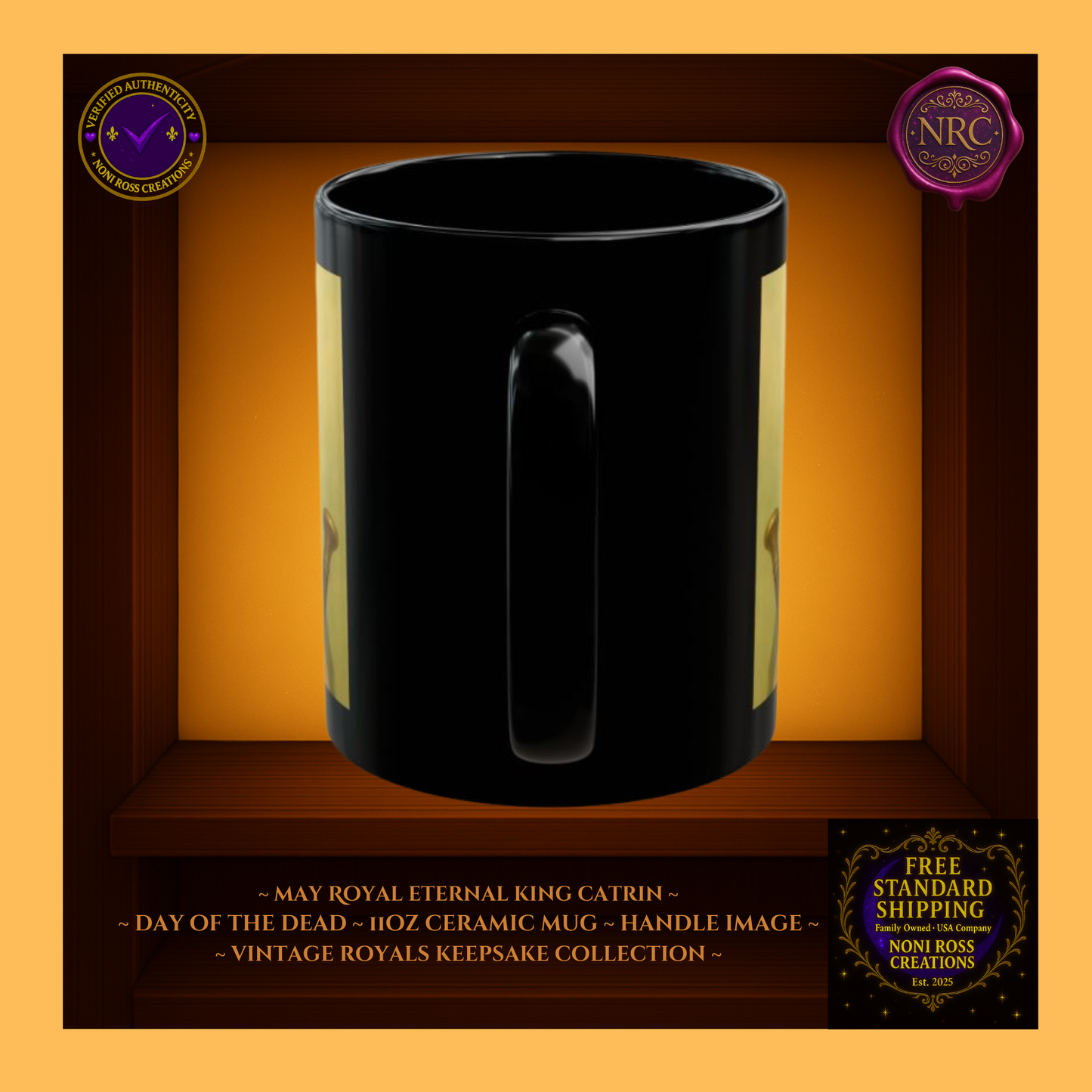 Handle detail—porcelain white interior with blush and gold artwork edging, 11 oz ceramic mug