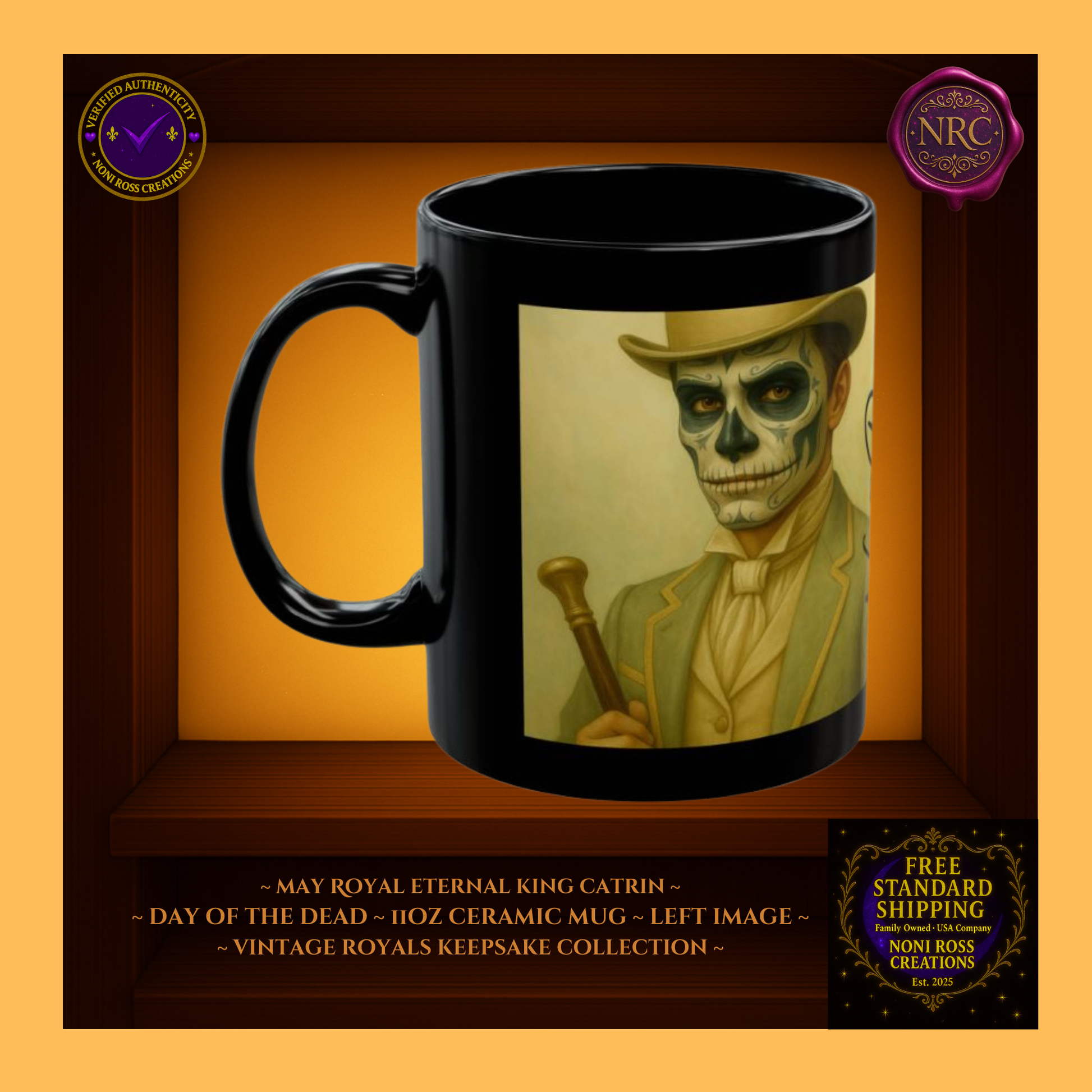 Left side—May Eternal King Catrin Mug showing golden lace and rose tones, 11 oz ceramic mug