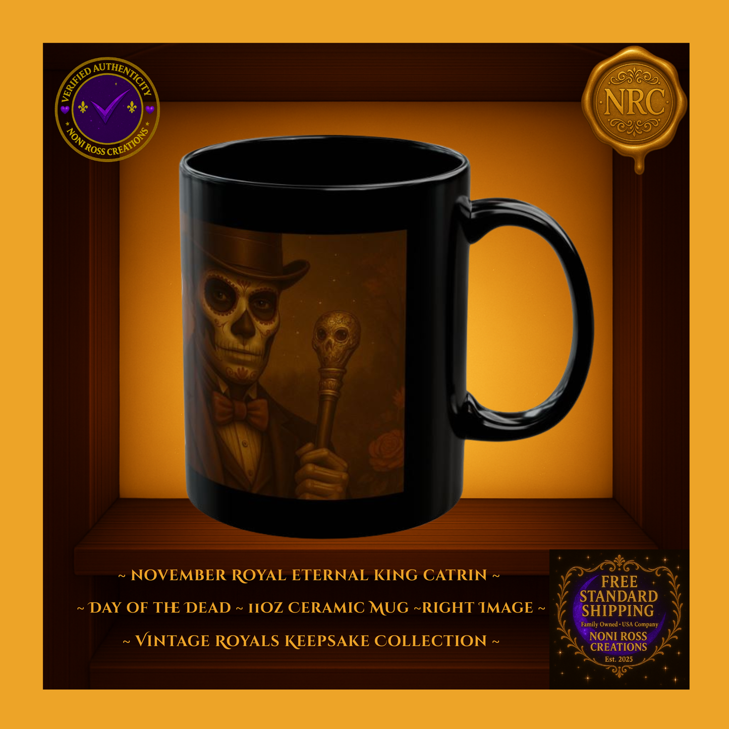 Right side of November Catrin Mug with warm golden highlights and skull cane details | Noni Ross Creations
