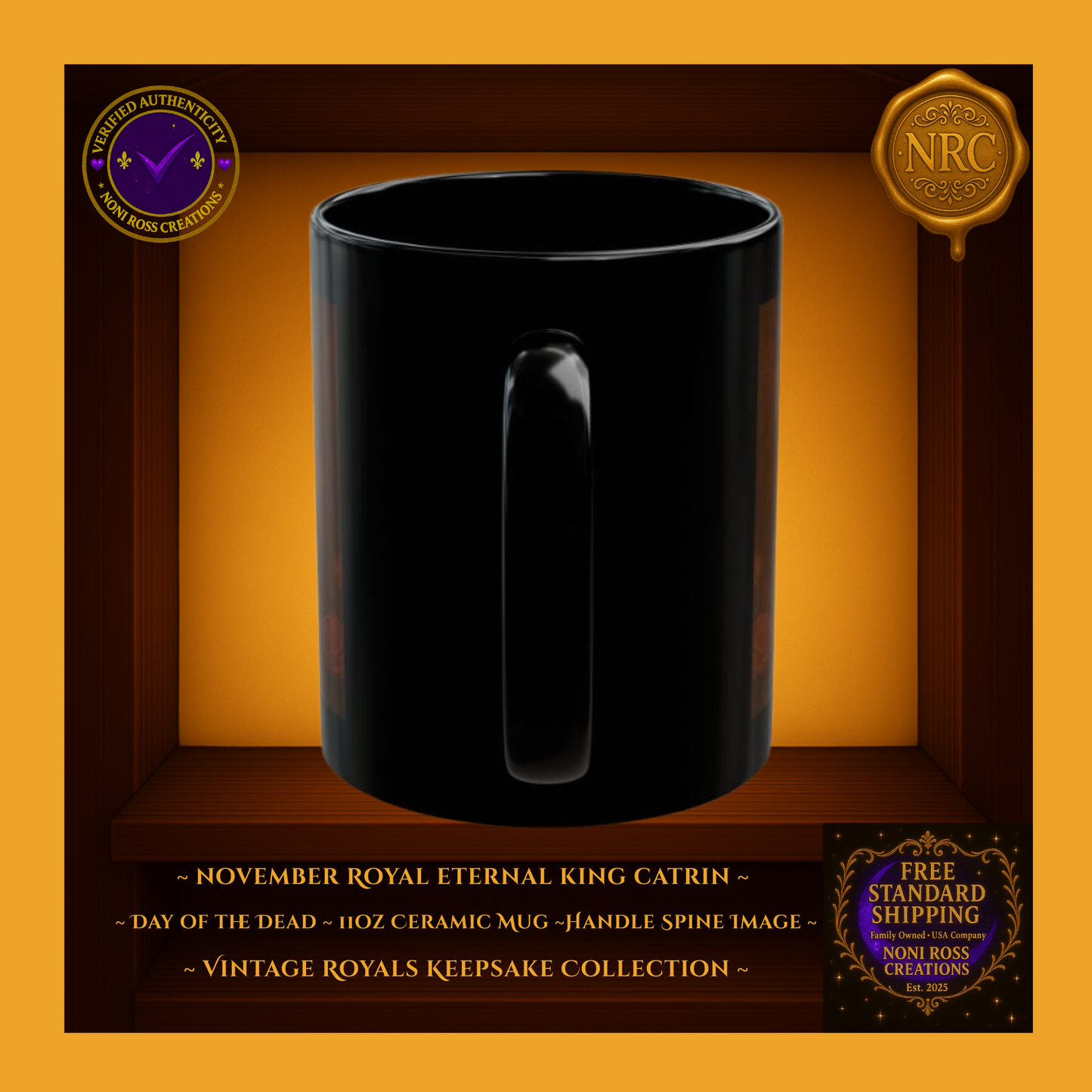 Handle side of November Catrin Mug showing glossy black ceramic and edge of vintage artwork | Noni Ross Creations