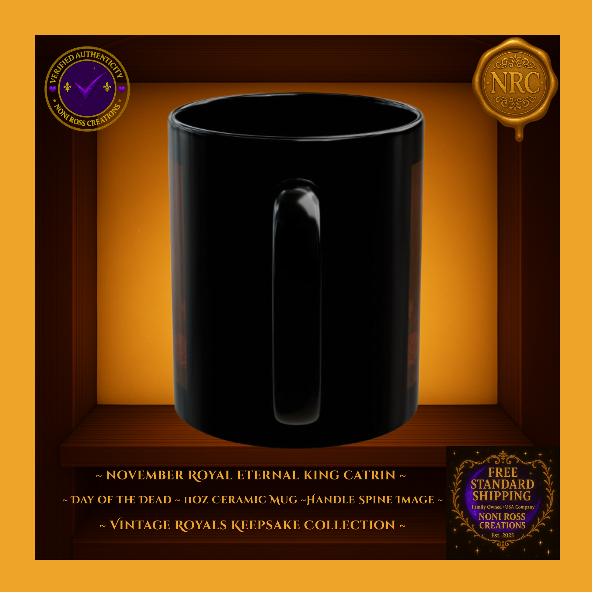 Handle side of November Catrin Mug showing glossy black ceramic and edge of vintage artwork | Noni Ross Creations