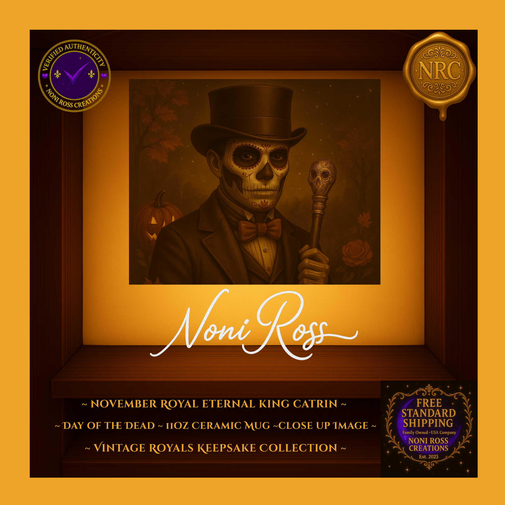 November Catrin Mug displayed on a fall table with candles, pinecones, and autumn leaves—warm gothic ambiance | Noni Ross Creations