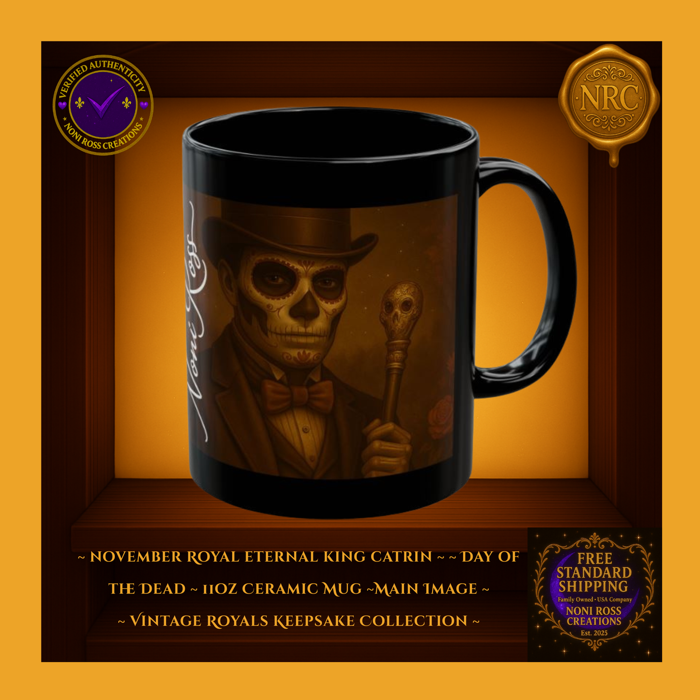November Catrin Mug 11oz featuring regal sugar-skull gentleman in brown top hat and golden bow tie holding skull-topped cane | Noni Ross Creations