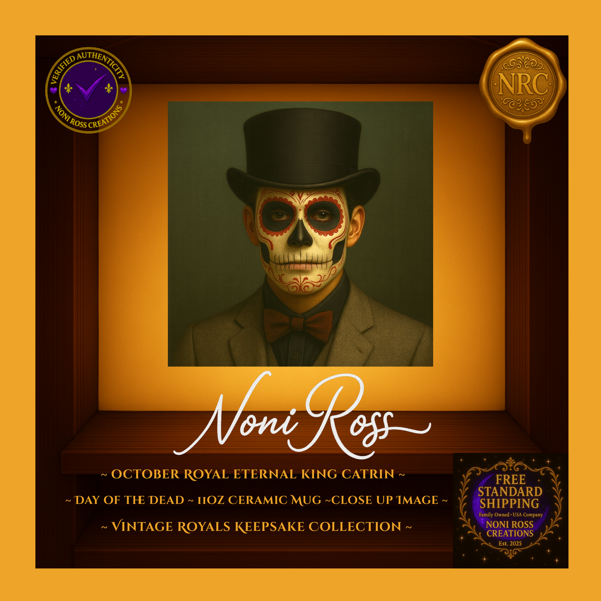 Close-up of October King Catrin face with jeweled crown and golden detail — vintage royal portrait art