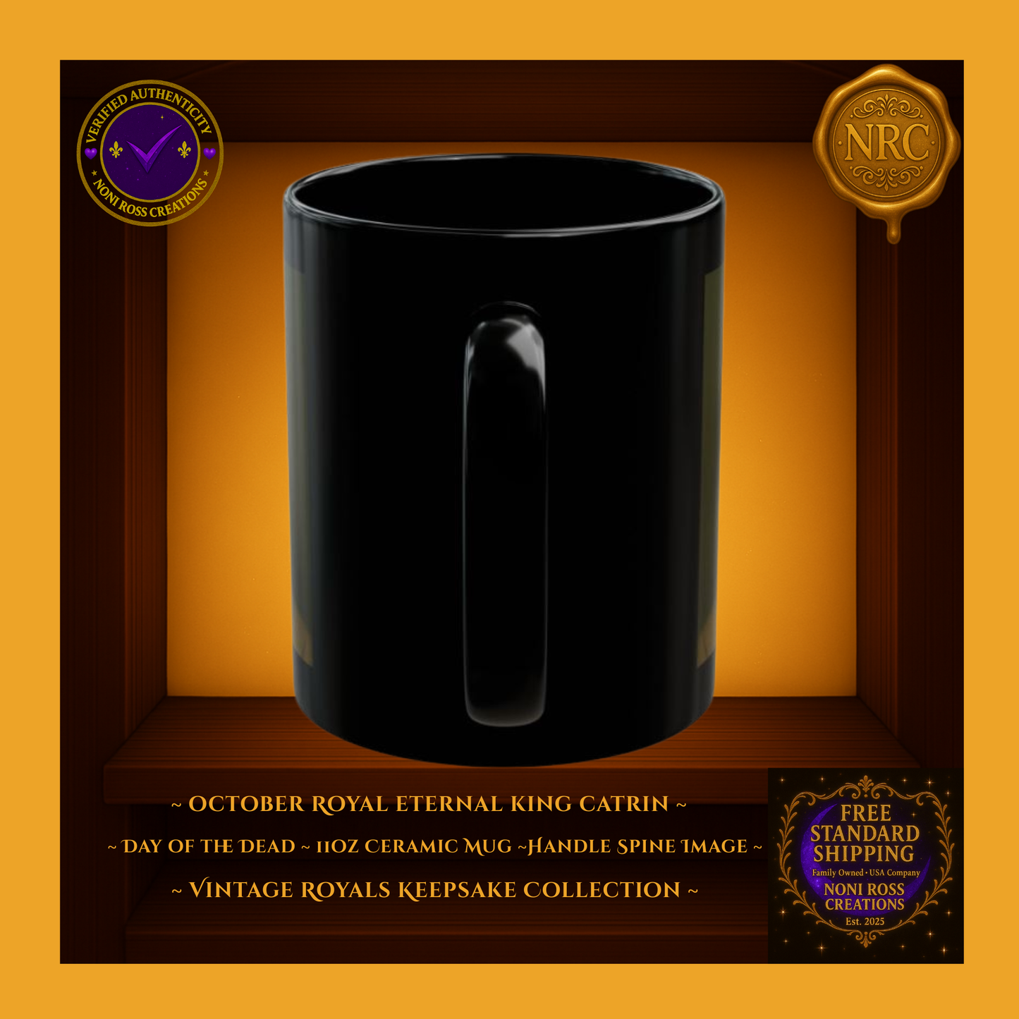 Handle detail — porcelain white interior with crimson-gold edge design, 11 oz ceramic mug