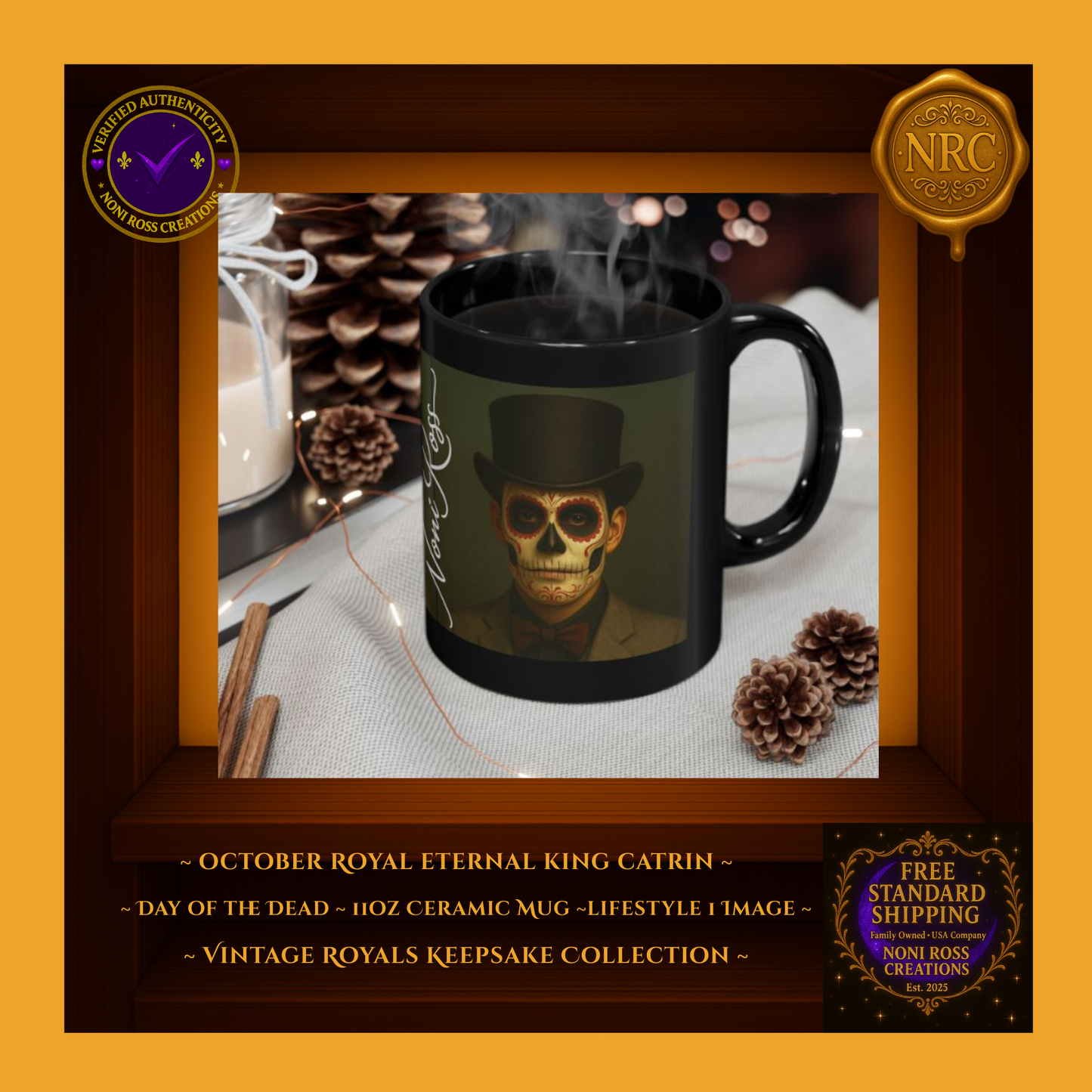 October King Catrin Mug beside candles and book — autumn ritual | 💜 Noni Ross Creations