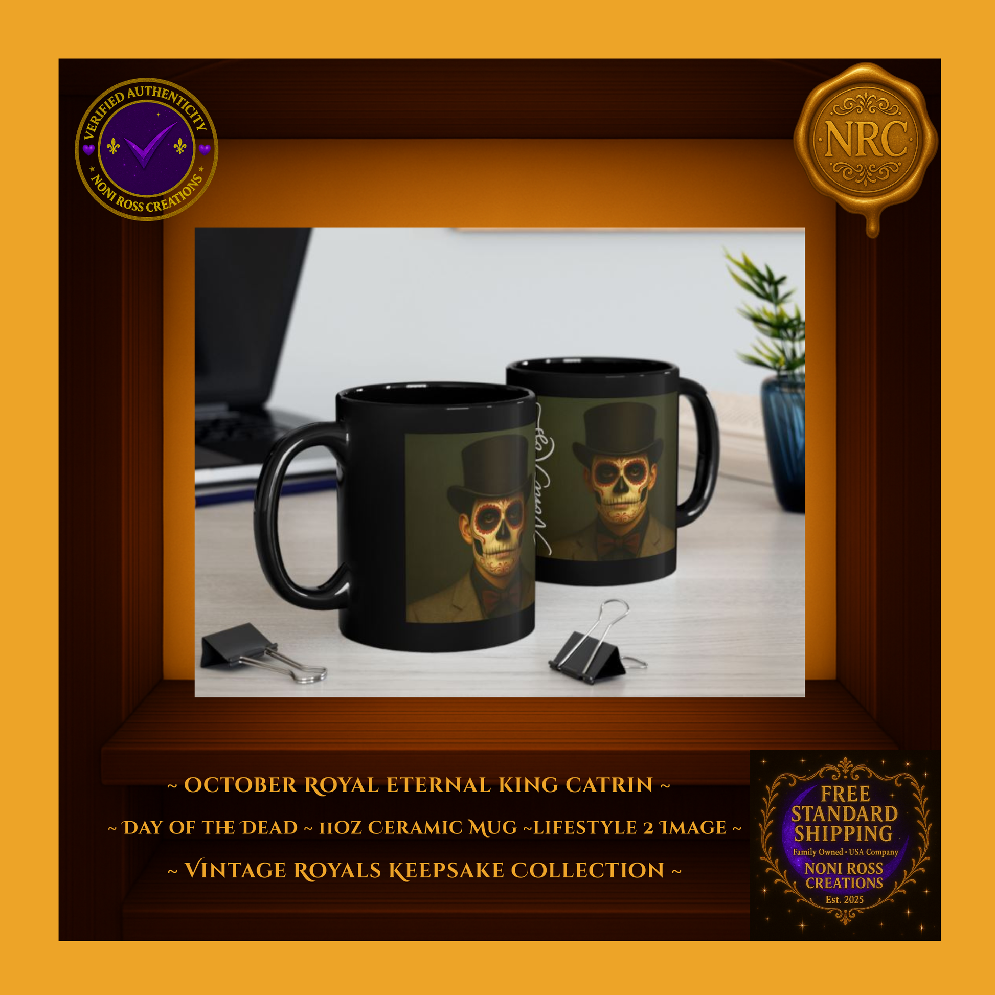 Cozy display — Eternal King Catrin Mug with pastry and warm candlelight, black-gold palette