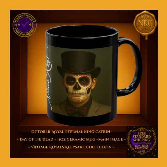 October Eternal King Catrin Mug 11 oz in black, crimson, and gold tones | 💜 Noni Ross Creations
