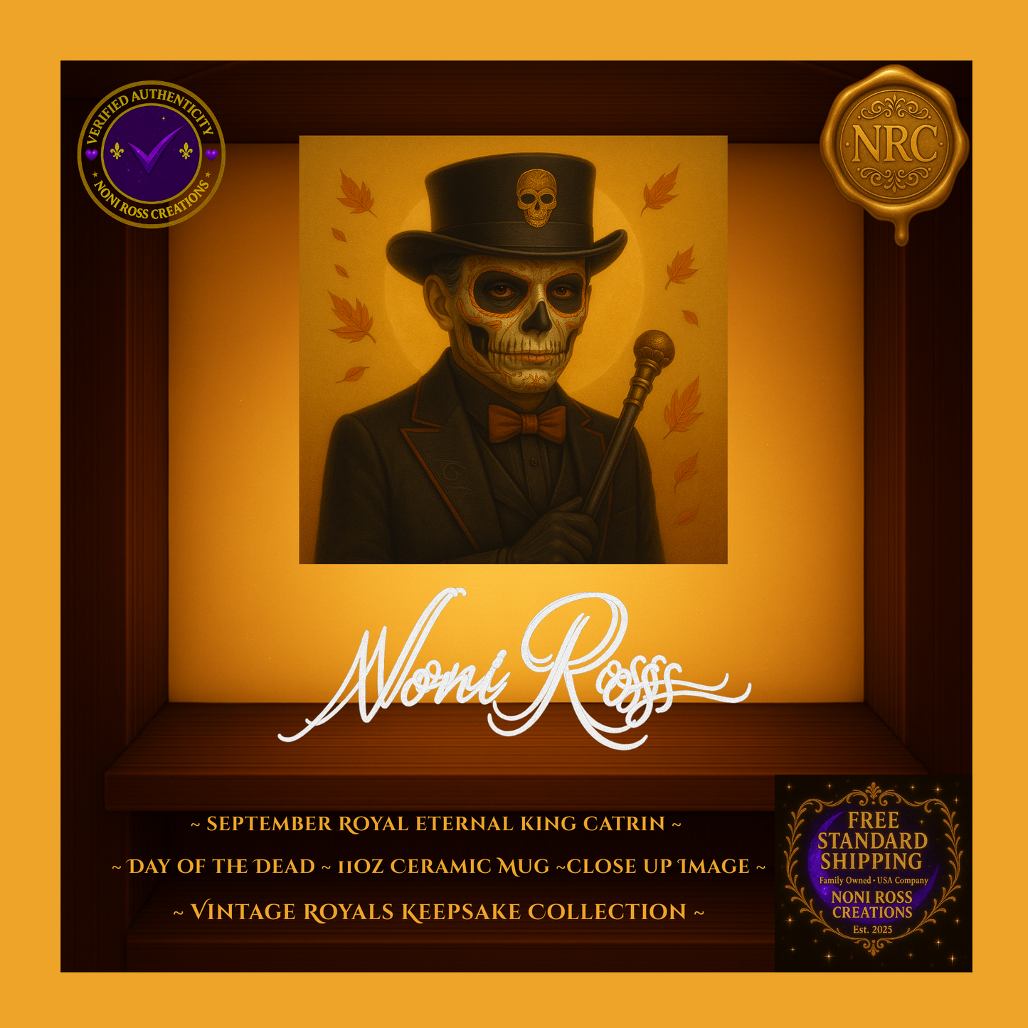 Close-up of September Catrin showing detailed sugar-skull face, warm bronze tones, and autumn leaf accents | Noni Ross Creations