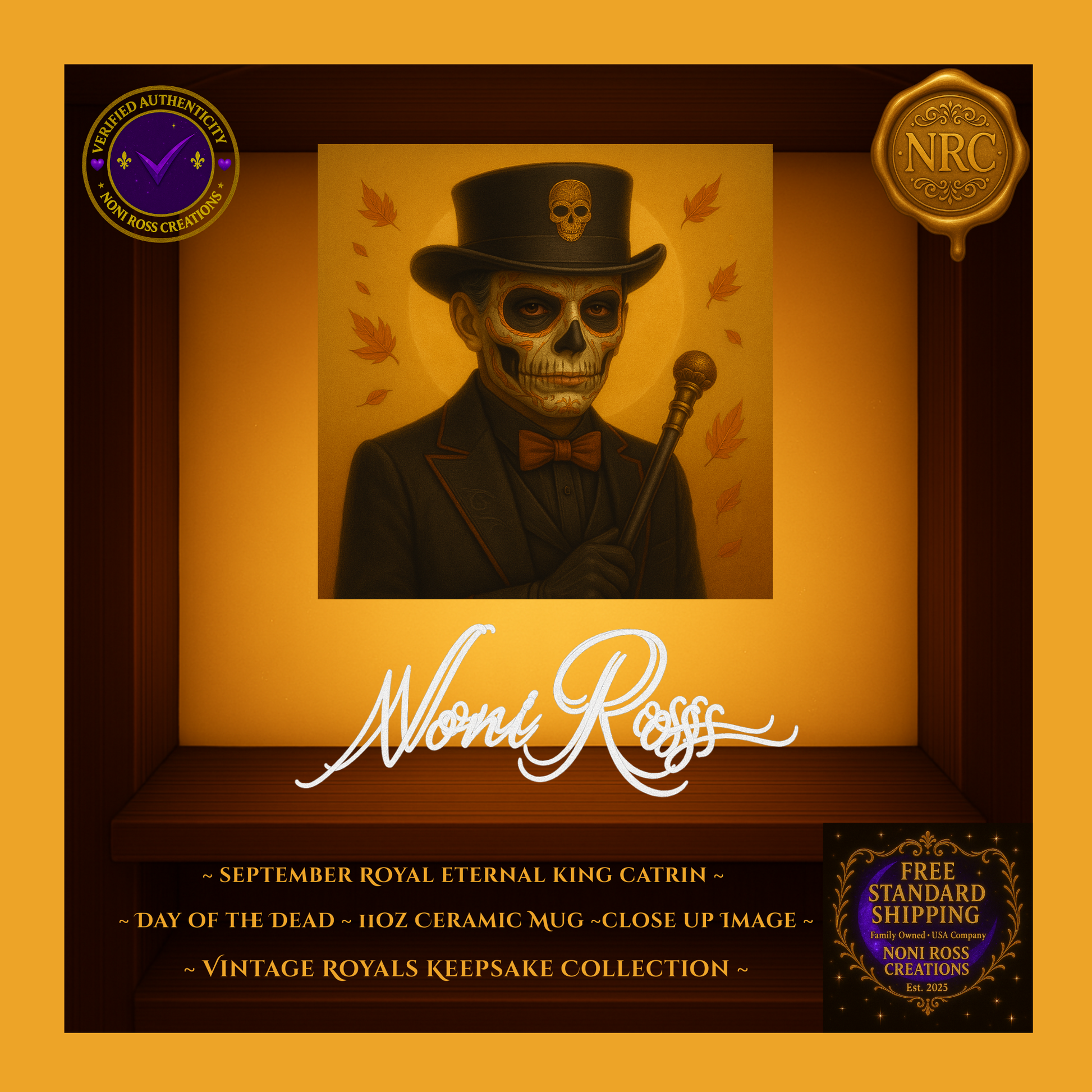 Close-up of September Catrin showing detailed sugar-skull face, warm bronze tones, and autumn leaf accents | Noni Ross Creations