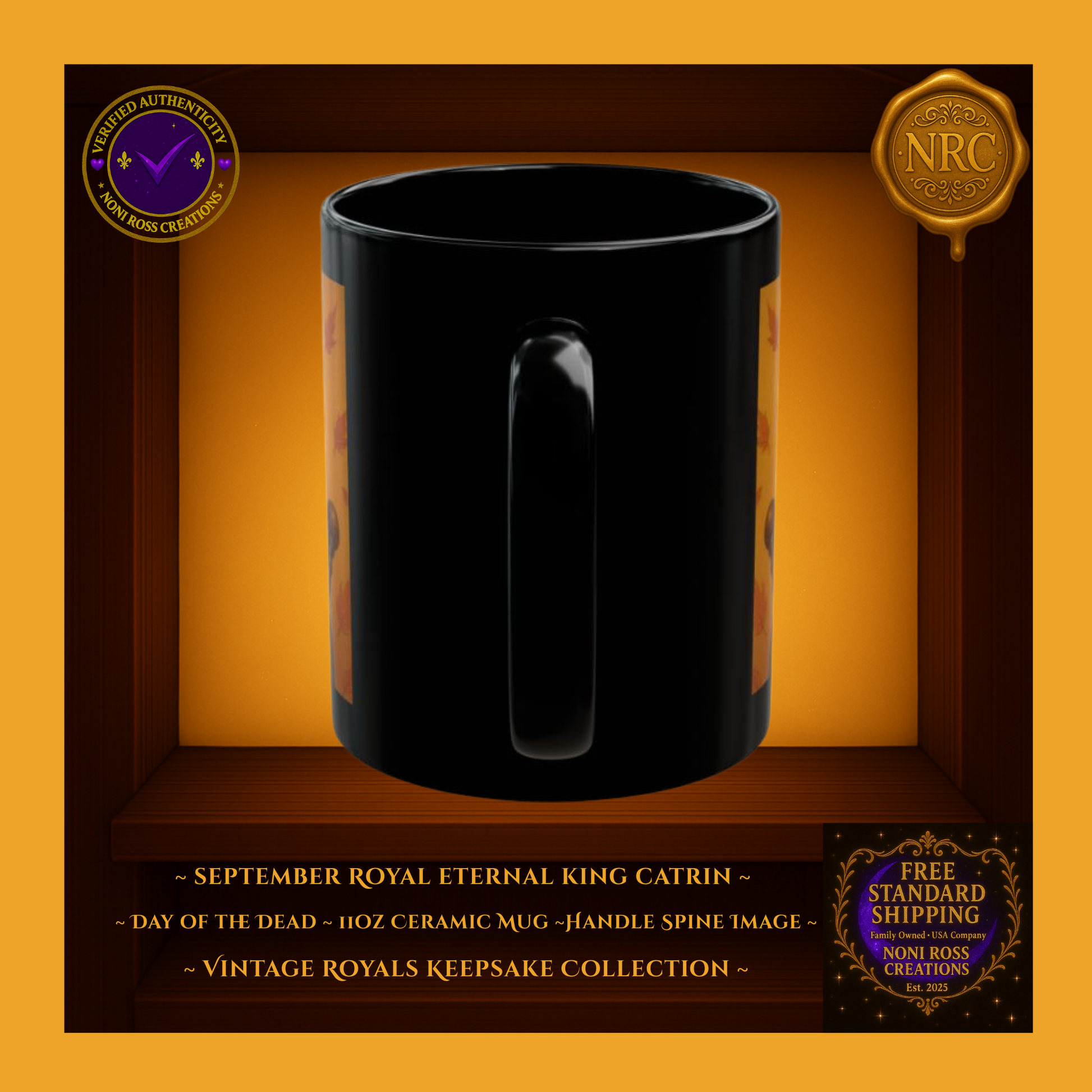 Handle side of September Catrin 11oz mug with glossy black ceramic and warm amber glow | Noni Ross Creations