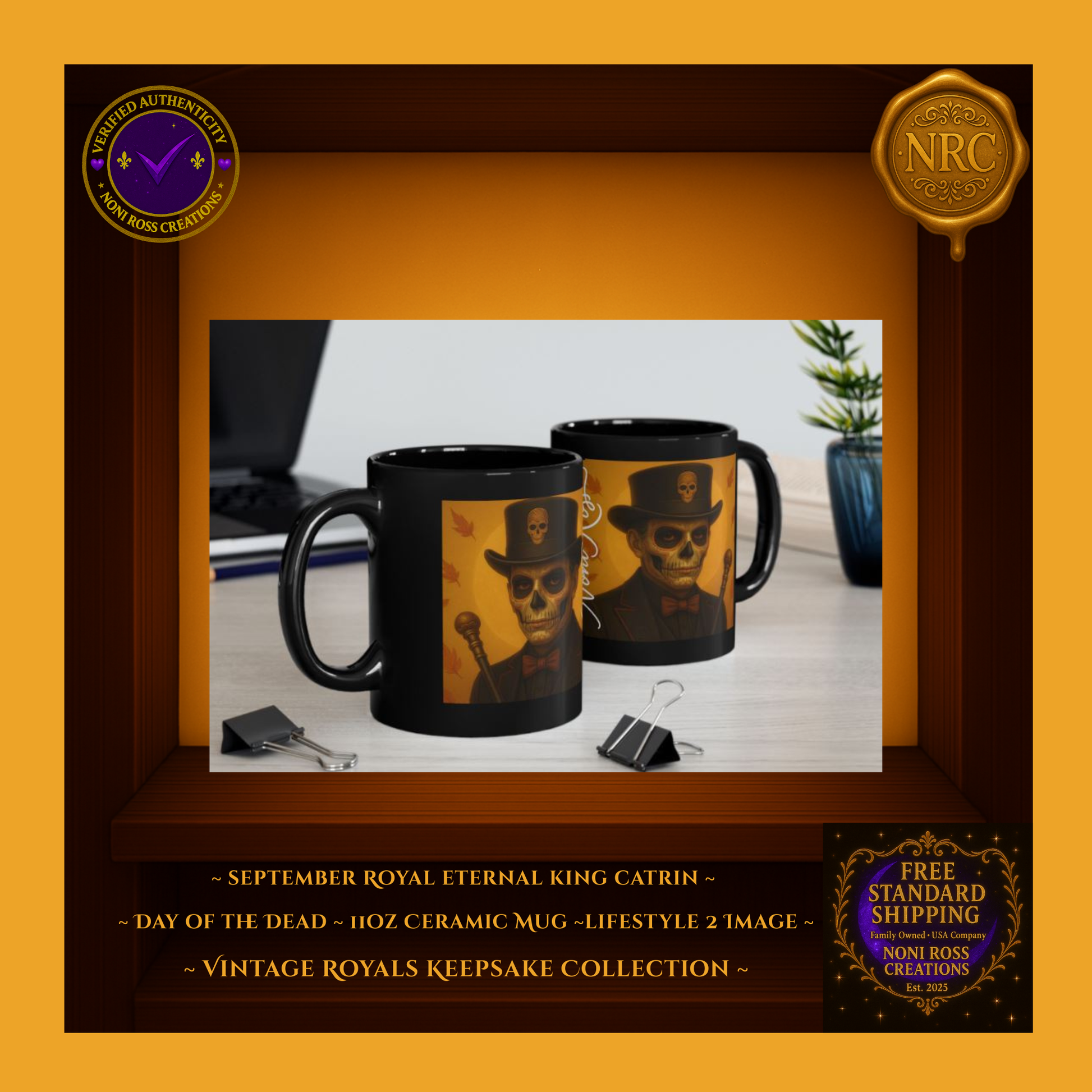 Moody fall scene with September Catrin Mug beside open book and hot coffee—vintage autumn vibe | Noni Ross Creations